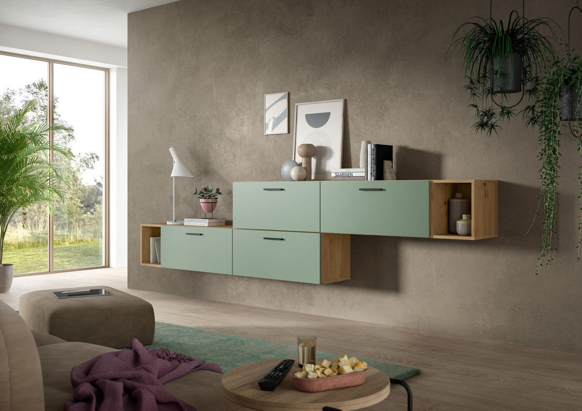 WOHNWAND Primo 2 tlg. (B/H/T: ca. 276/97/34 cm) in Artisan Oak /Smoke Green - Eiche Artisan, Holzwerkstoff (276/97/34cm)