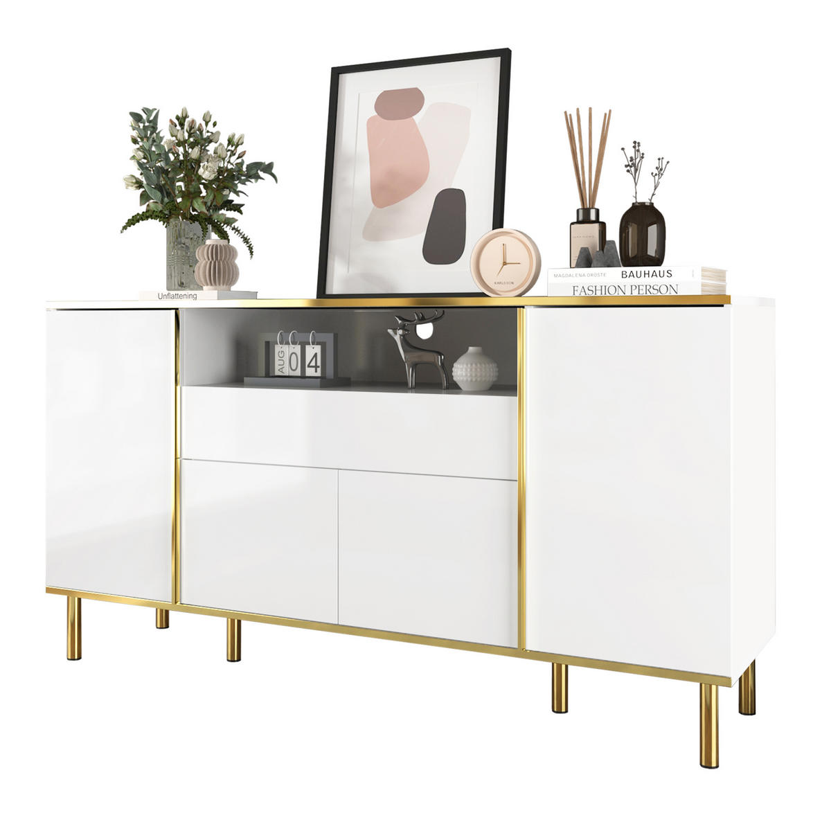 SIDEBOARD aus MDF/Spanplatte in Weiß Hochglanz mit LED, 4 Türen und Schublade, 150/40/80 cm, Weiß - Weiß, Holzwerkstoff (40/80/150cm) - Redom
