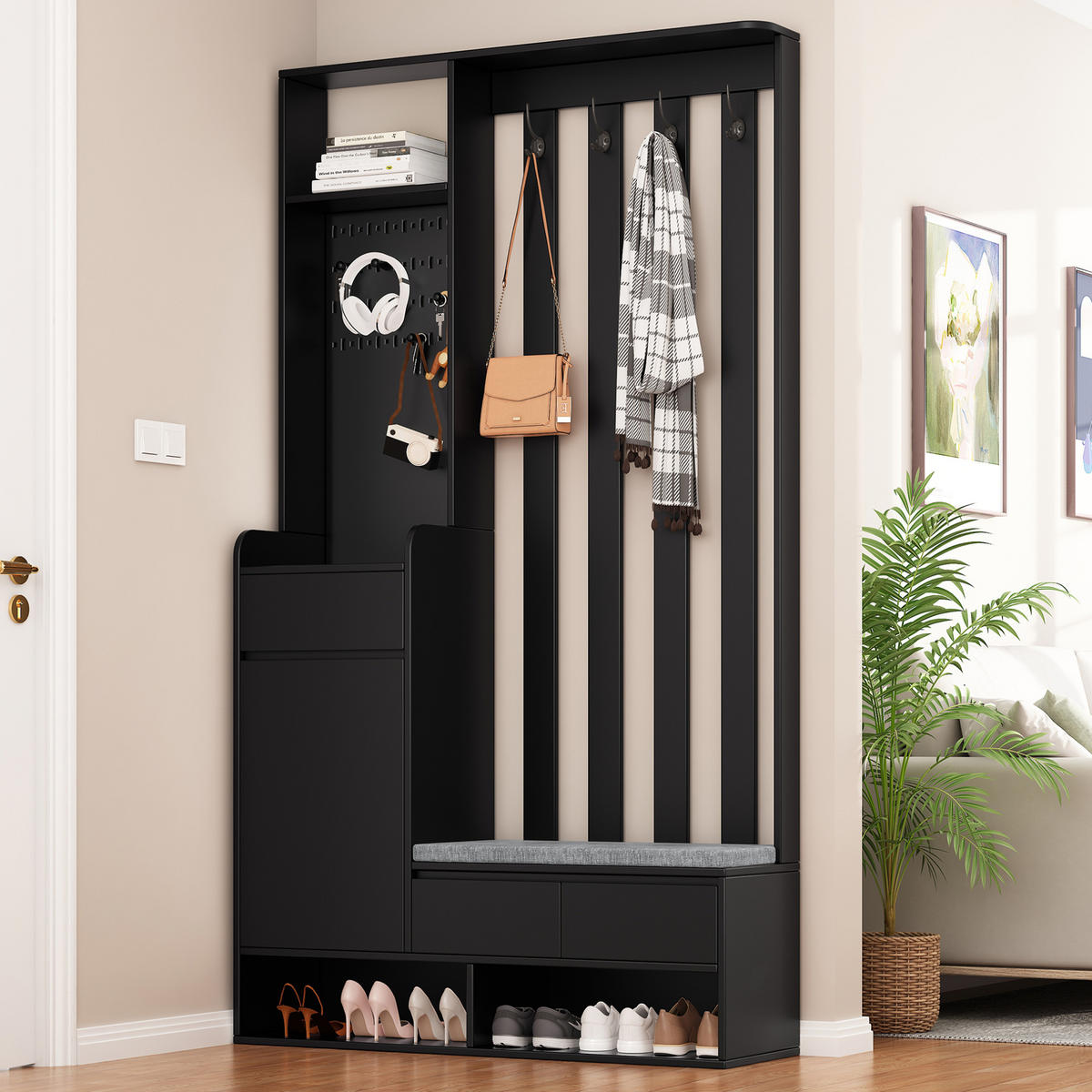FLURGARDEROBE 35/100/180 cm mit Sitzbank, Stecktafel, Schublade und 4 Haken aus MDF, Schwarz - Schwarz, Holzwerkstoff (100/180/35cm) - Redom