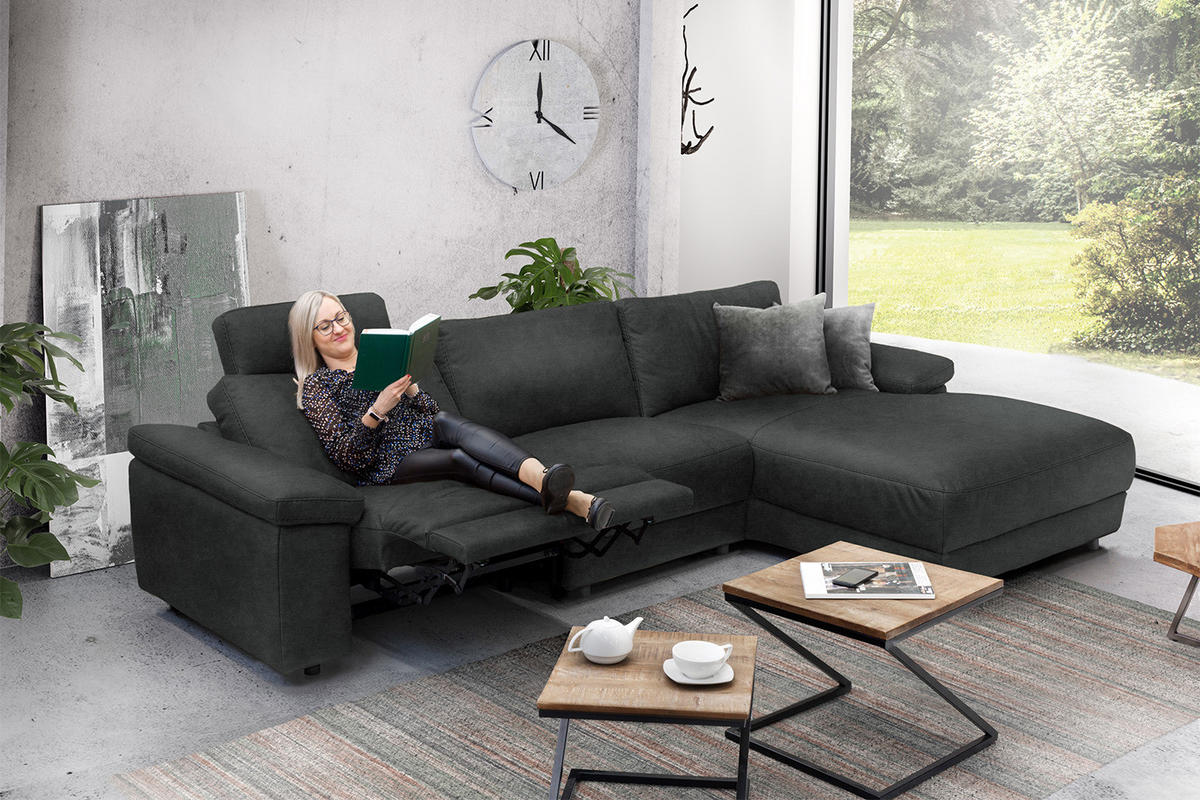ECKSOFA XL MOTOR. RELAXFUNKTION LOLA Schwarz Leder - Schwarz, Leder (304/178cm) - KAWOLA
