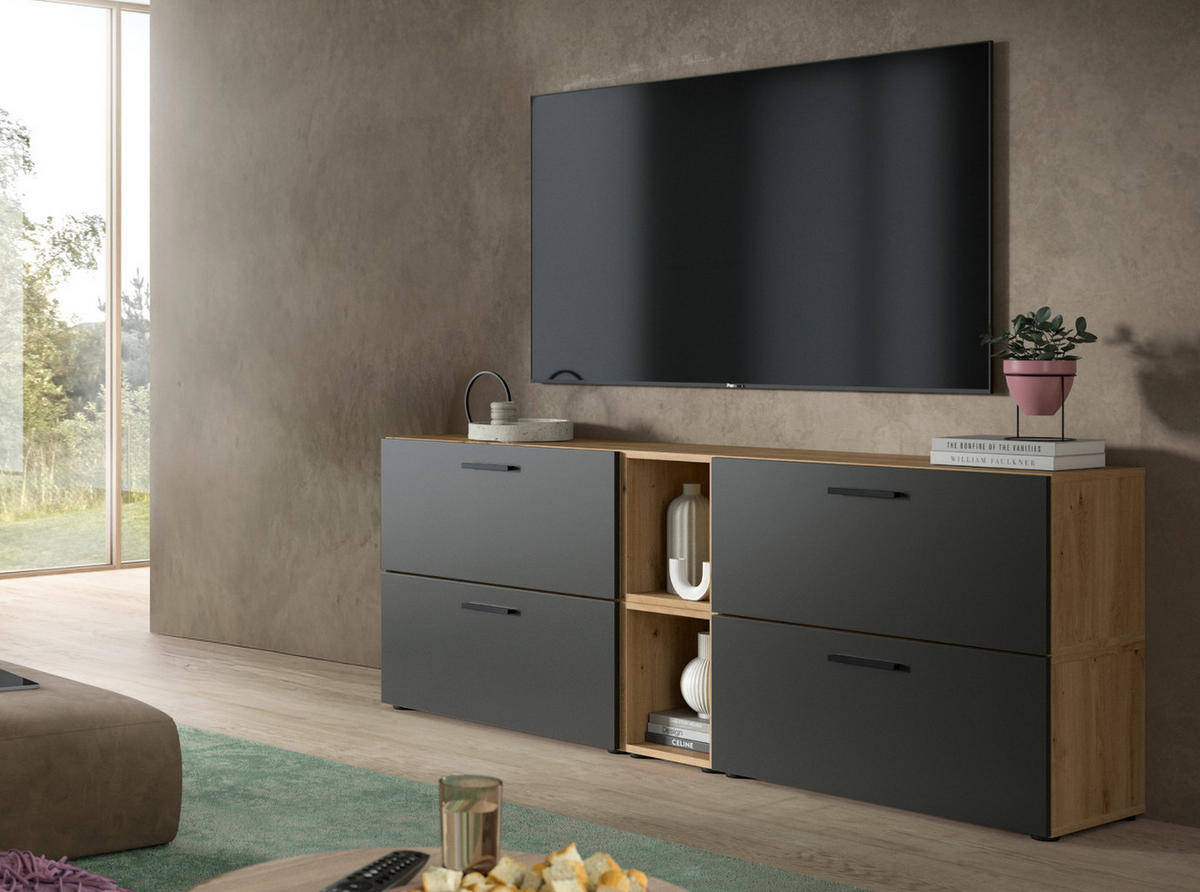 TV-LOWBOARD grau, Eiche Artisan 176 cm, Fernsehtisch hängend / stehend mit Soft-Close - Schwarz/Eiche Artisan, Holzwerkstoff/Kunststoff (176/67/34cm) - Inn.Furn