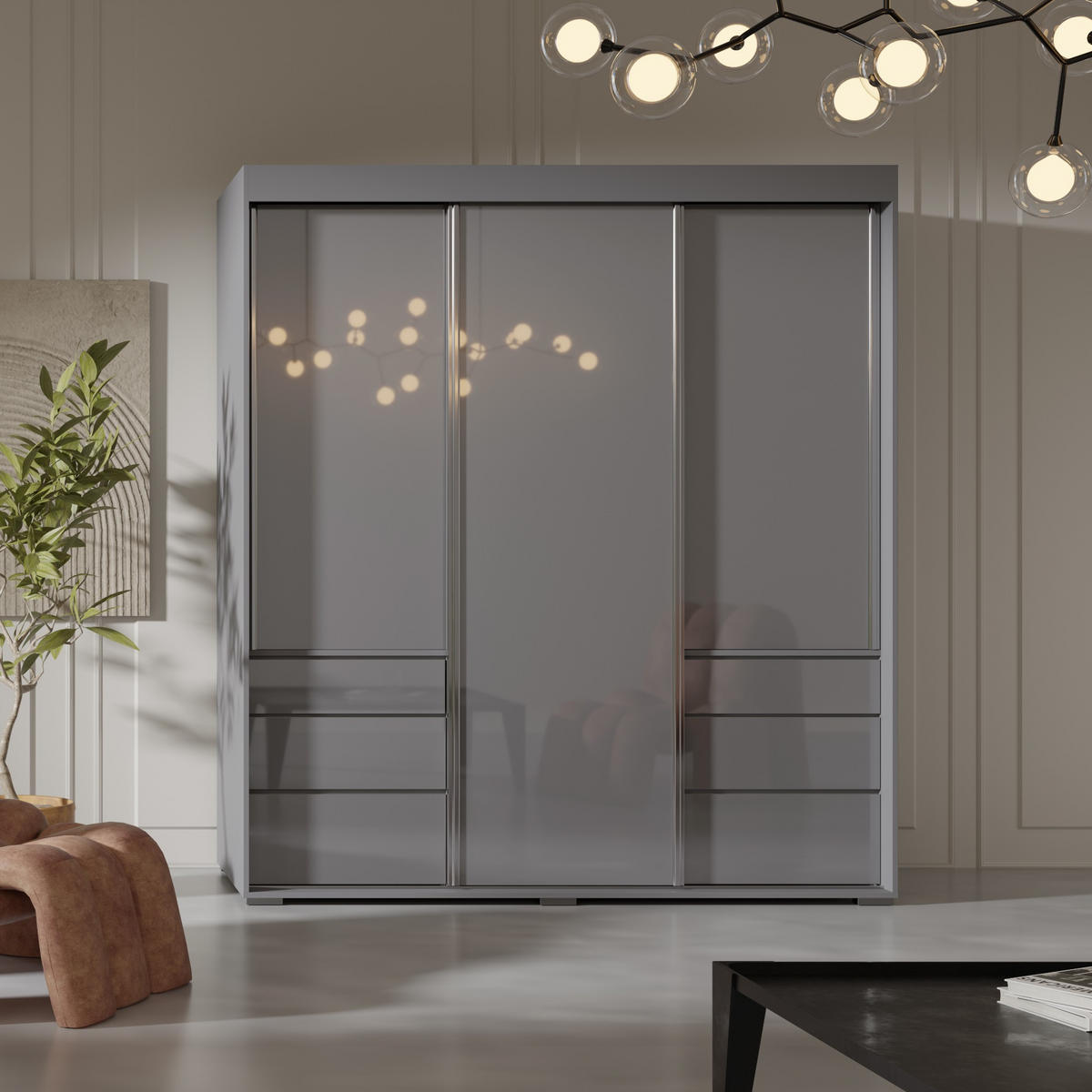 SCHIEBETÜRENSCHRANK mit Schubladen Torino 3D 180 Grau (Lacobel) - Silberfarben/Grau, Holzwerkstoff/Metall (180/204/65cm) - mzm24