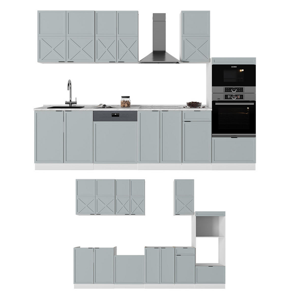 KÜCHENZEILE Fame-Line Hellblau-grau/Weiß 300 cm mit Hochschrank AP Eiche - Blaugrau/Weiß, Holzwerkstoff (300/81.6/60cm) - Vicco