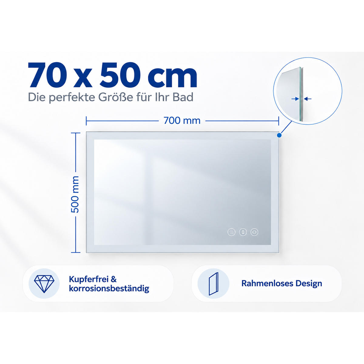 BADSPIEGEL Silber LED mit Steckdose 70x50 cm - Transparent, Glas/Kunststoff (70/50/3.5cm) - Relaxdays
