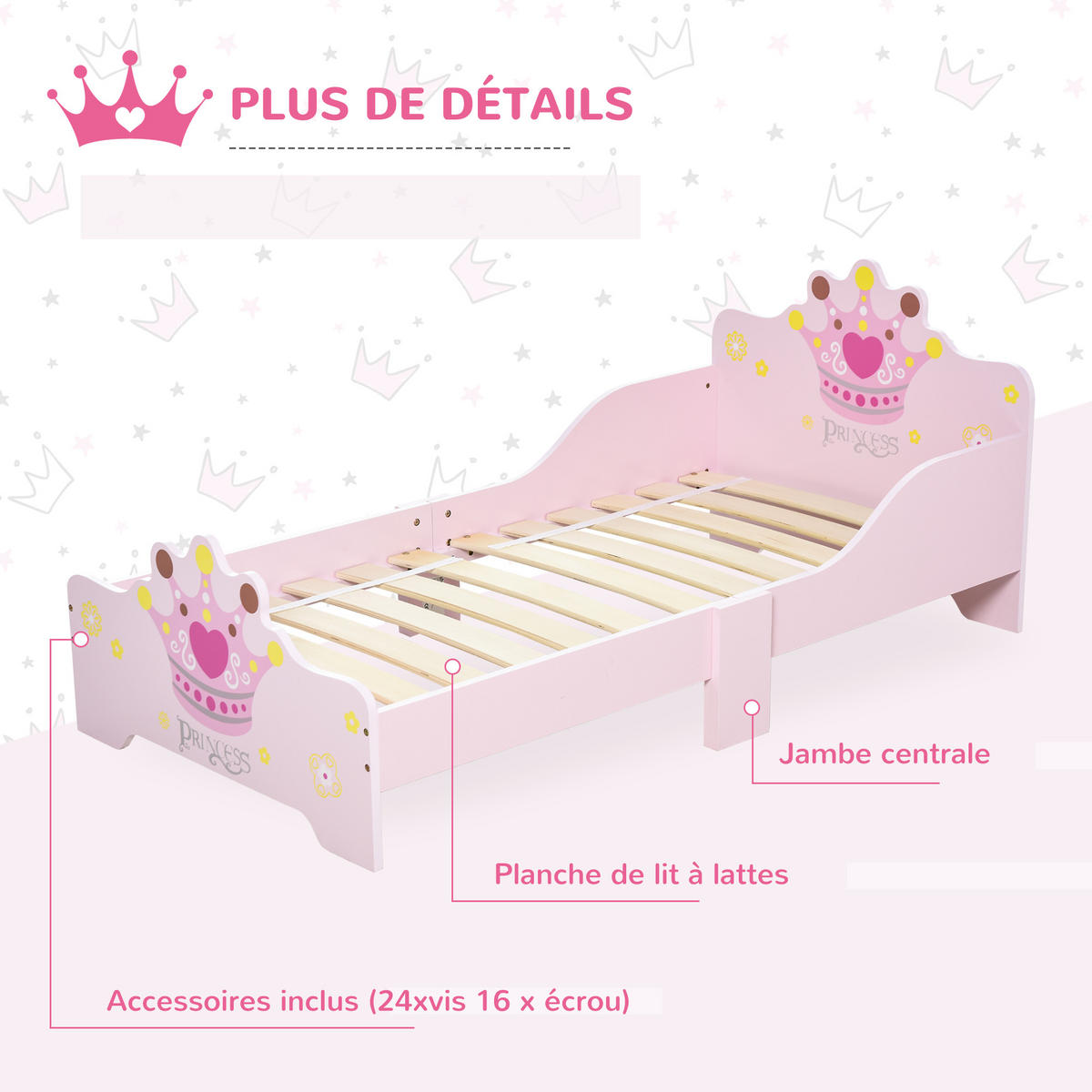 KINDERBETT 140x70 cm DE-14534 mit Prinzessinnen-Krone Rosa - Pink, Holzwerkstoff (70/140cm) - ComfortXL