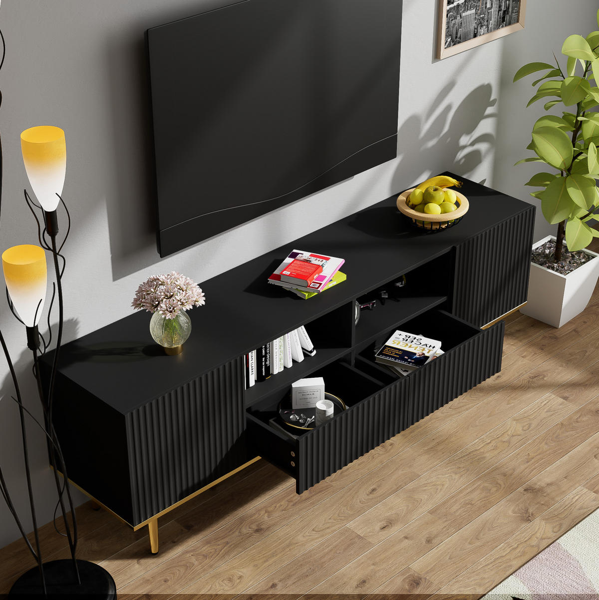 TV-SCHRANK aus Spanplatte 165x36x55 cm Schwarz mit 2 Schubladen, 2 Fächern und griffloser Push-to-Open-Öffnung - Schwarz, Holzwerkstoff (165/55/36cm) - Modfu
