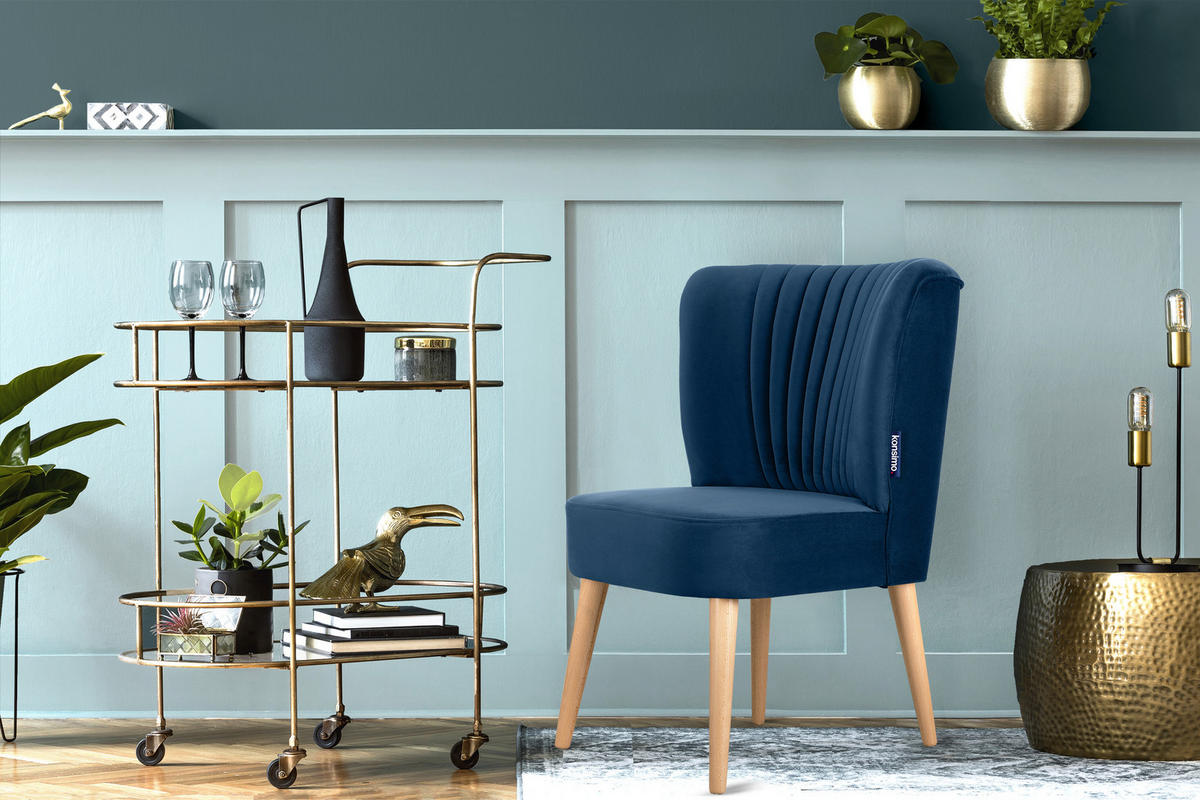 COCKTAILSESSEL DUCO auf hohen Beinen, Marineblau/Buche - Buchefarben/Dunkelblau, Holz/Textil (63/89/65cm) - KONSIMO®