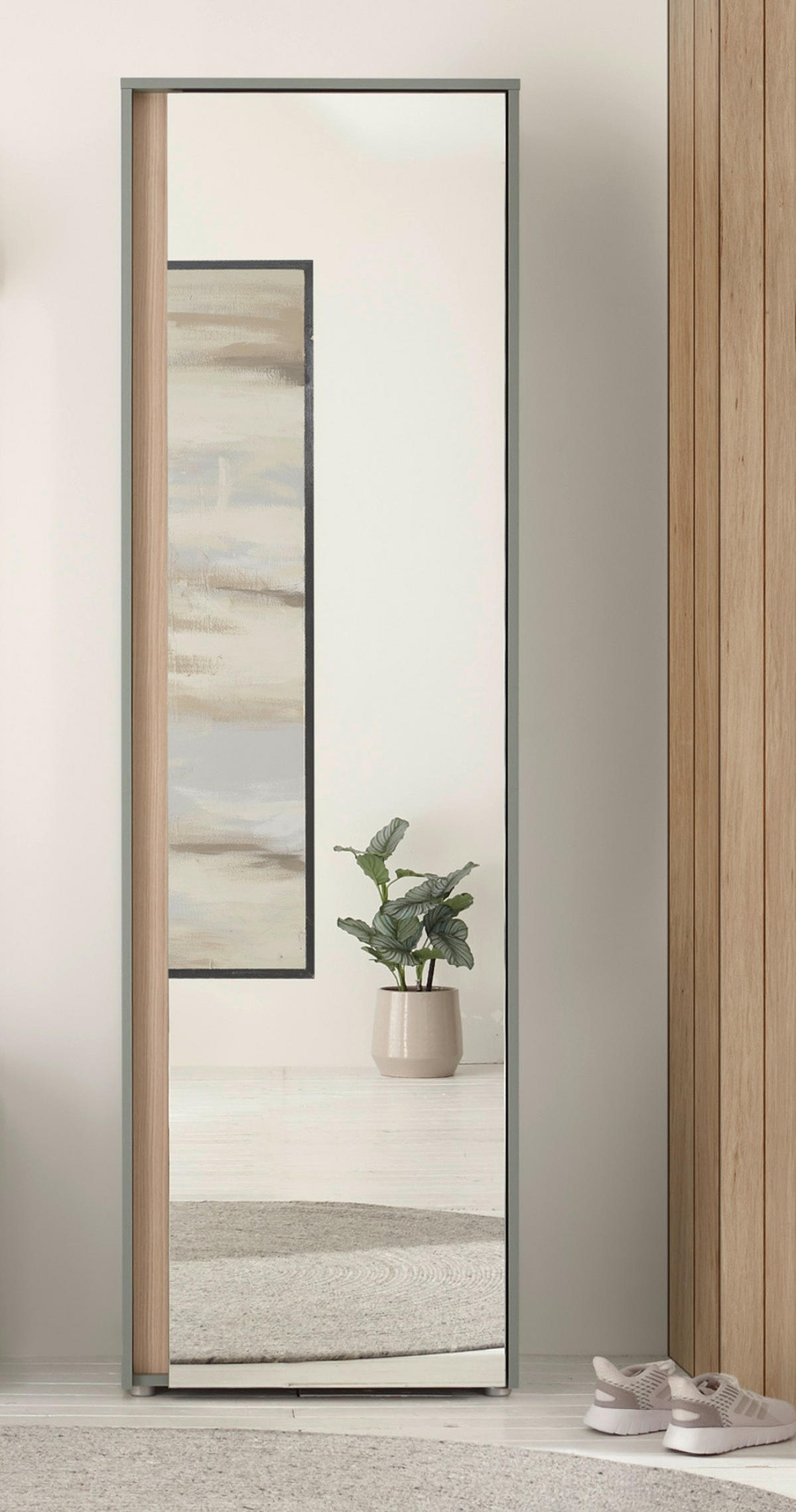 GARDEROBENSCHRANK in Salbei Grün mit Eiche, Flurschrank mit Spiegel, 60 x 200 cm - Salbeigrün/Eichefarben, Glas/Holz (60/200/40cm) - Furn.Design