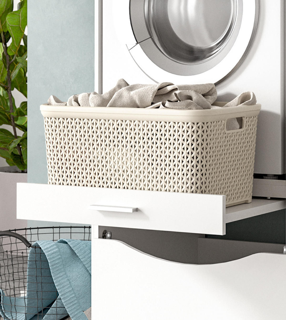 WASCHMASCHINENSCHRANK weiß Set 4-teilig 242 cm, Waschmaschinenumbau XXXL mit viel Stauraum - Silberfarben/Weiß, Glas/Holzwerkstoff (242/196/68cm) - Inn.Furn