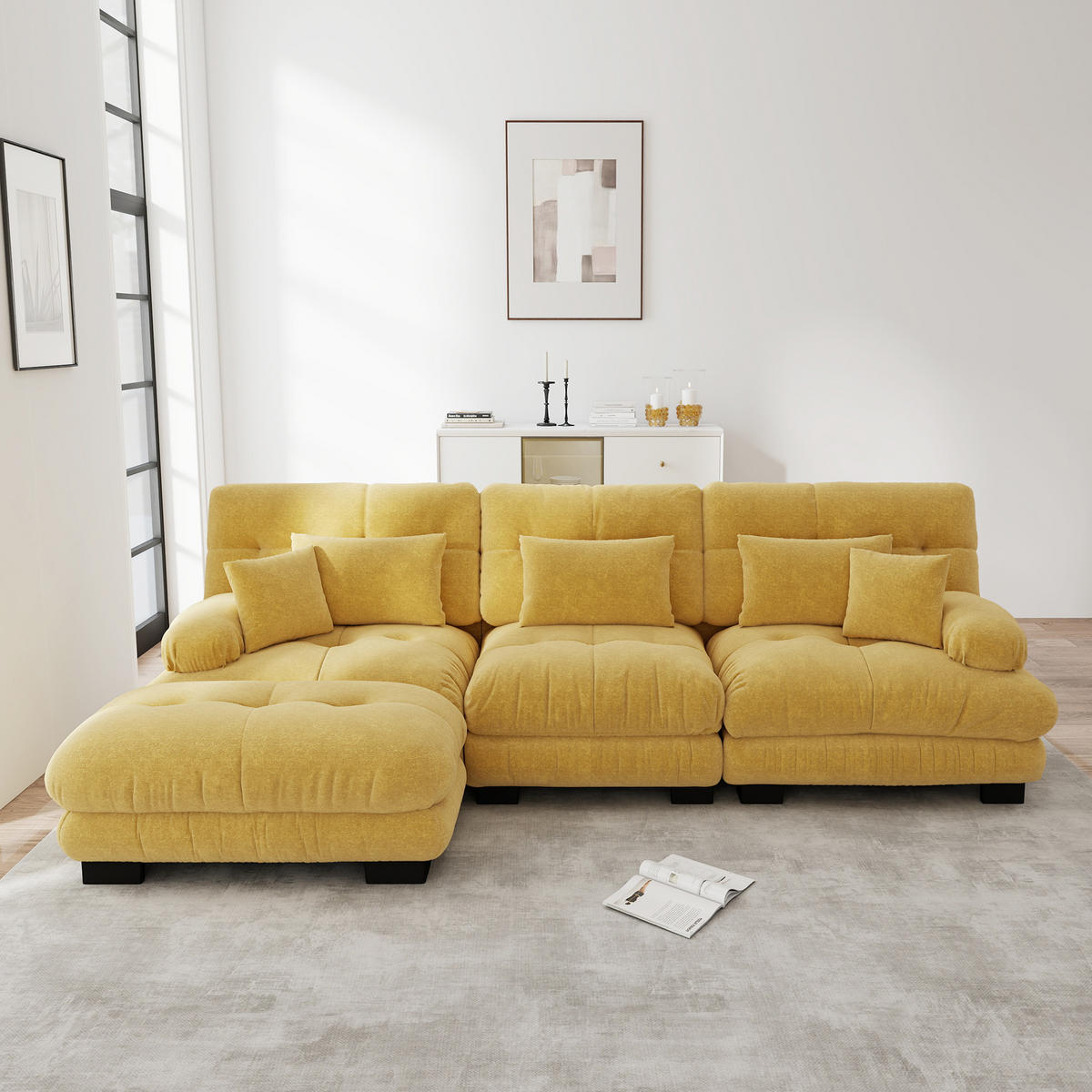 ECKSOFA Chenille Gelb mit Ottomane und Kissen - Gelb, Textil (313/145cm) - WISHDOR