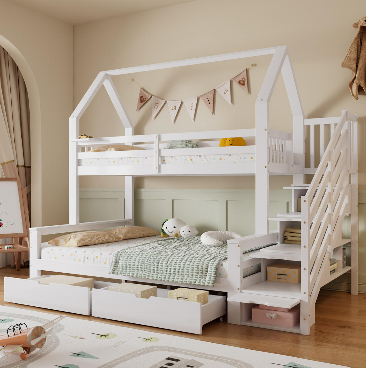 ETAGENBETT Kinderbett mit Treppenschrank, 2 Schubladen, Weiß, 90/200 cm & 140/200 cm - Weiß, Holz (140/200cm) - MIVRAY