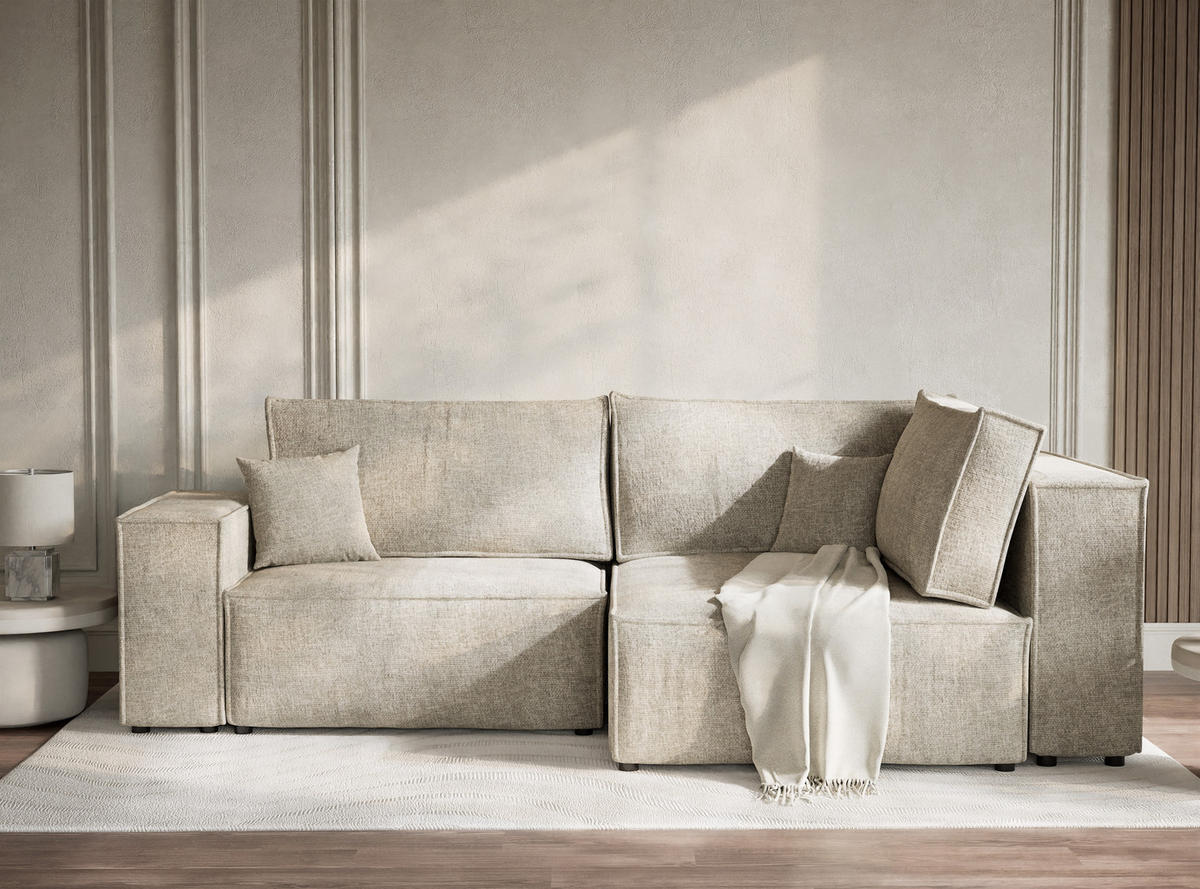 ECKSOFA MIT SCHLAFFUNKTION Tonga Beige Chenille-Stoff - Beige/Schwarz, Holz/Holzwerkstoff (253/105cm) - Maison de Reve