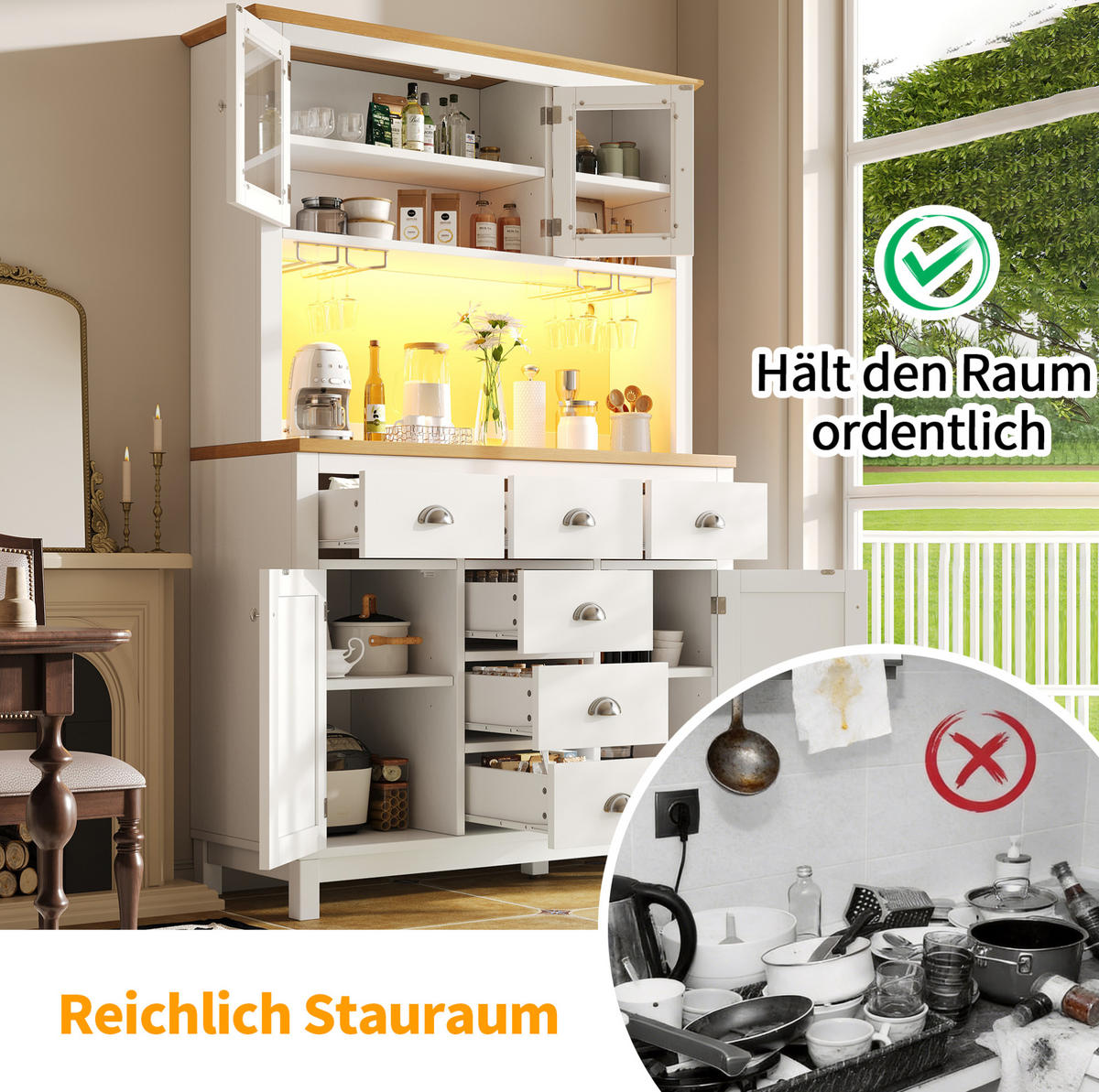 BUFFET 104/40/180 cm s LED osvětlením, velkým úložným prostorem a ochranou proti převrácení, Bílá - bílá, kompozitní dřevo (104/180/40cm) - Redom