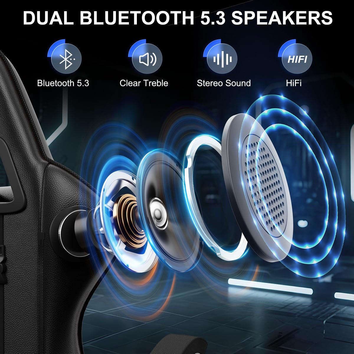 GAMINGSTUHL Schwarz mit Bluetooth Lautsprechern ergonomisch höhenverstellbar - Schwarz, Metall (66/124/58cm) - Rattrix