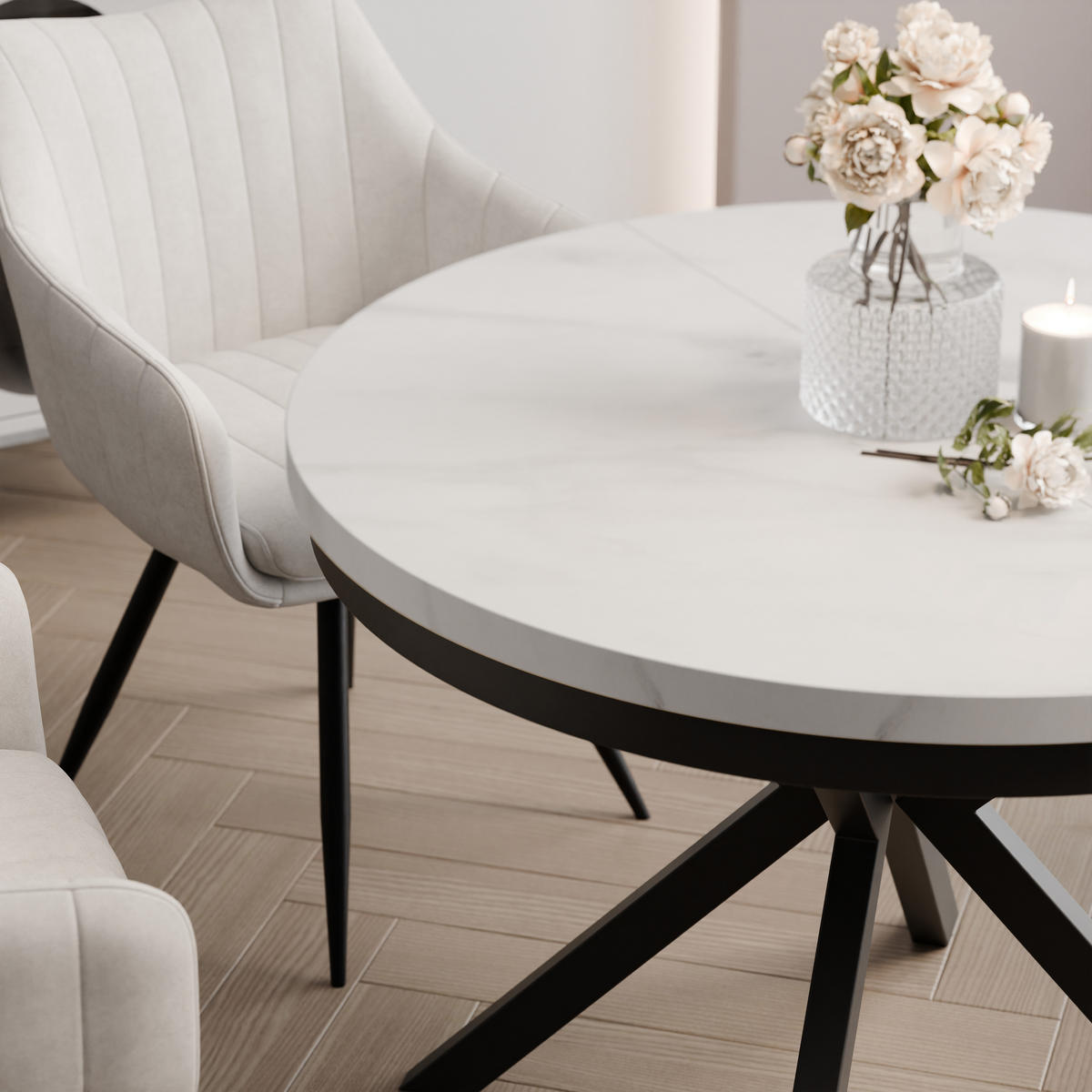 AUSZIEHTISCH MILTON 120-196/76 cm mit Metallgestell und Zarge, Schwarz / Bianco Marmor - Perlmutt/Schwarz, Holzwerkstoff/Metall (120/120/76cm) - Idohome