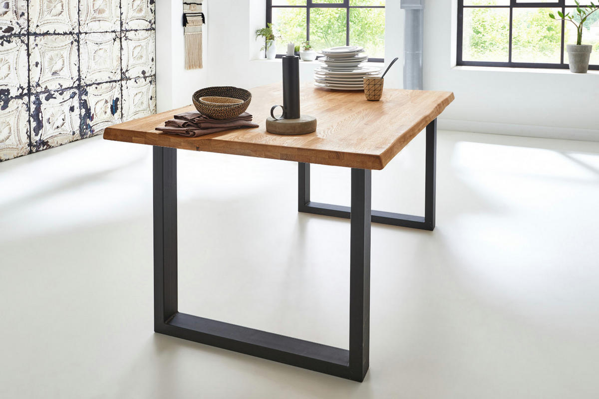 ESSTISCH Baumkante massiv Wildeiche schwarz SESSA 80 cm - Beige/Schwarz, Holz/Metall (80/80/77cm) - SAM