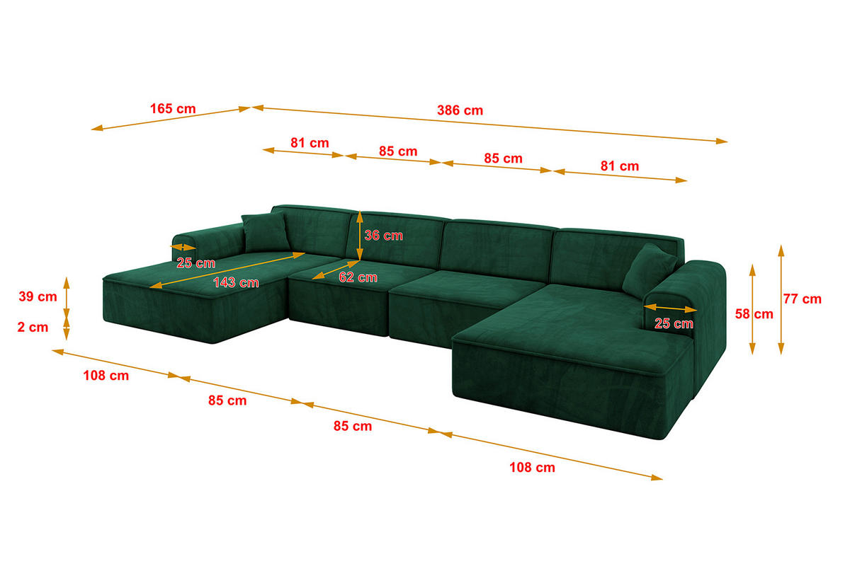 WOHNLANDSCHAFT IREA-U2-v3 - 386x165x77 cm Grün - Smaragdgrün/Dunkelgrün, Holzwerkstoff/Textil (386/77/165cm) - ALTDECOR