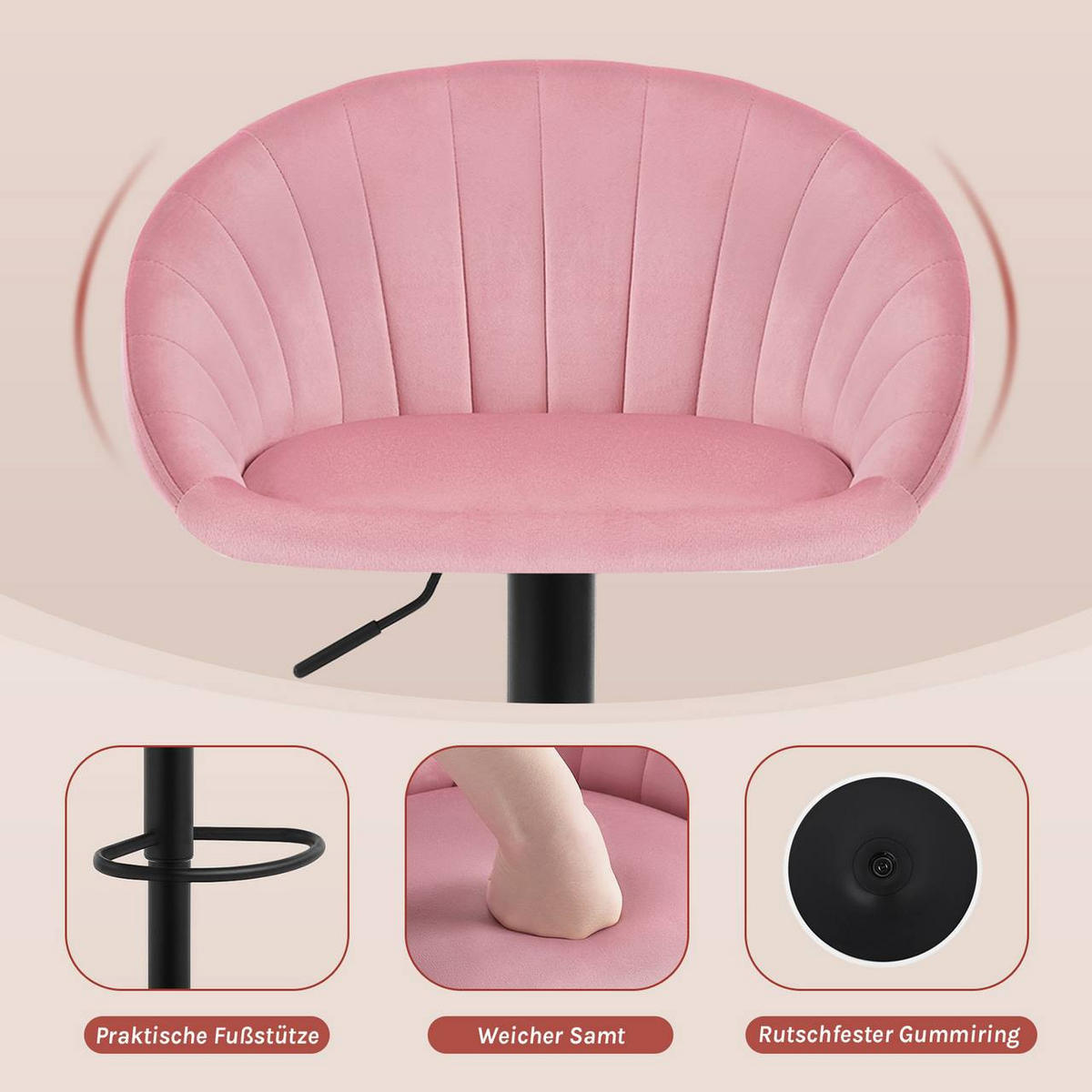 BARHOCKER 4er Set mit Rückenlehne, Samt, Rosa - Schwarz/Rosa, Textil/Metall (53/83/45cm) - Woltu