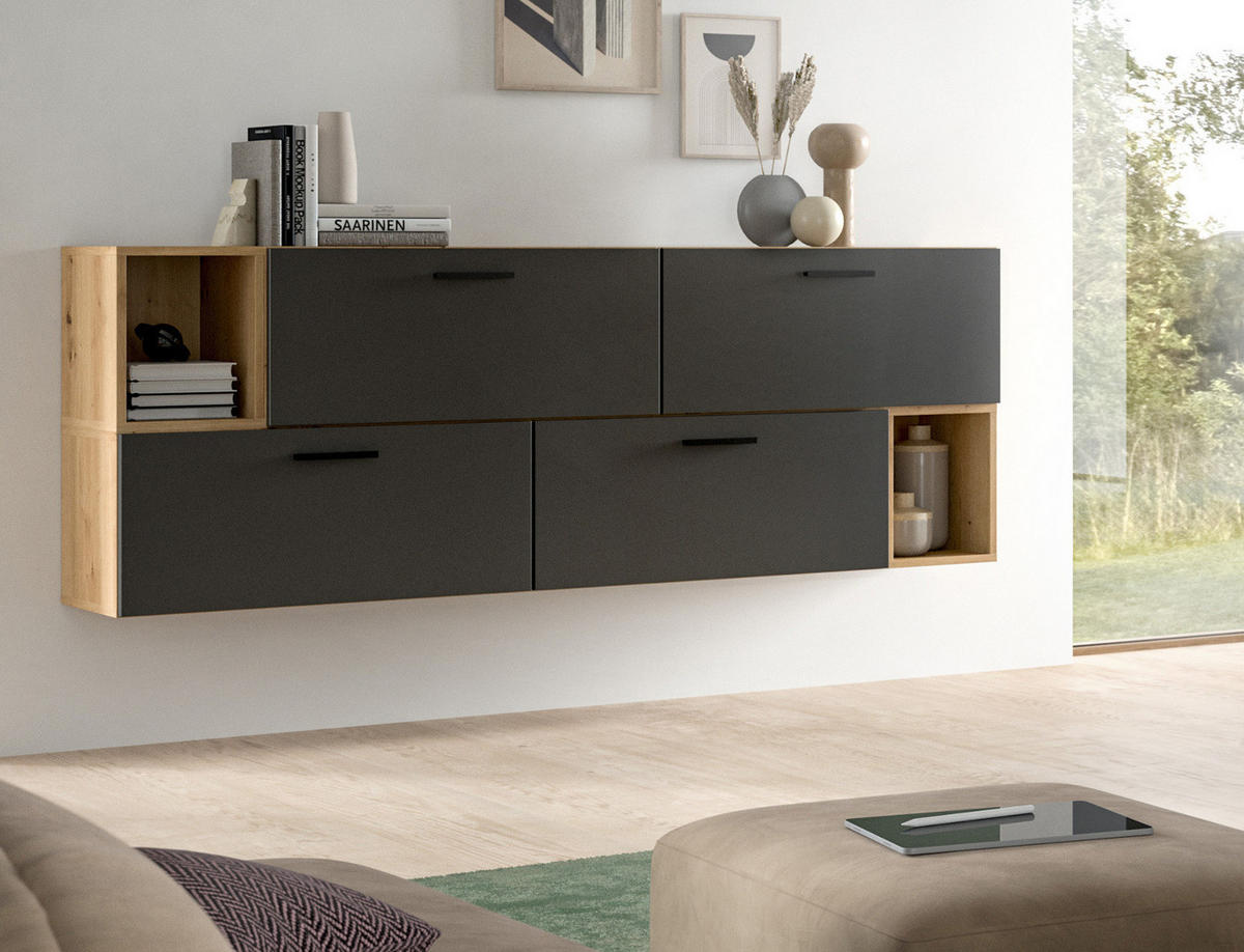 TV-LOWBOARD grau, Eiche Artisan 176 cm, Fernsehtisch hängend / stehend - Schwarz/Eiche Artisan, Holzwerkstoff/Kunststoff (176/67/34cm) - Inn.Furn