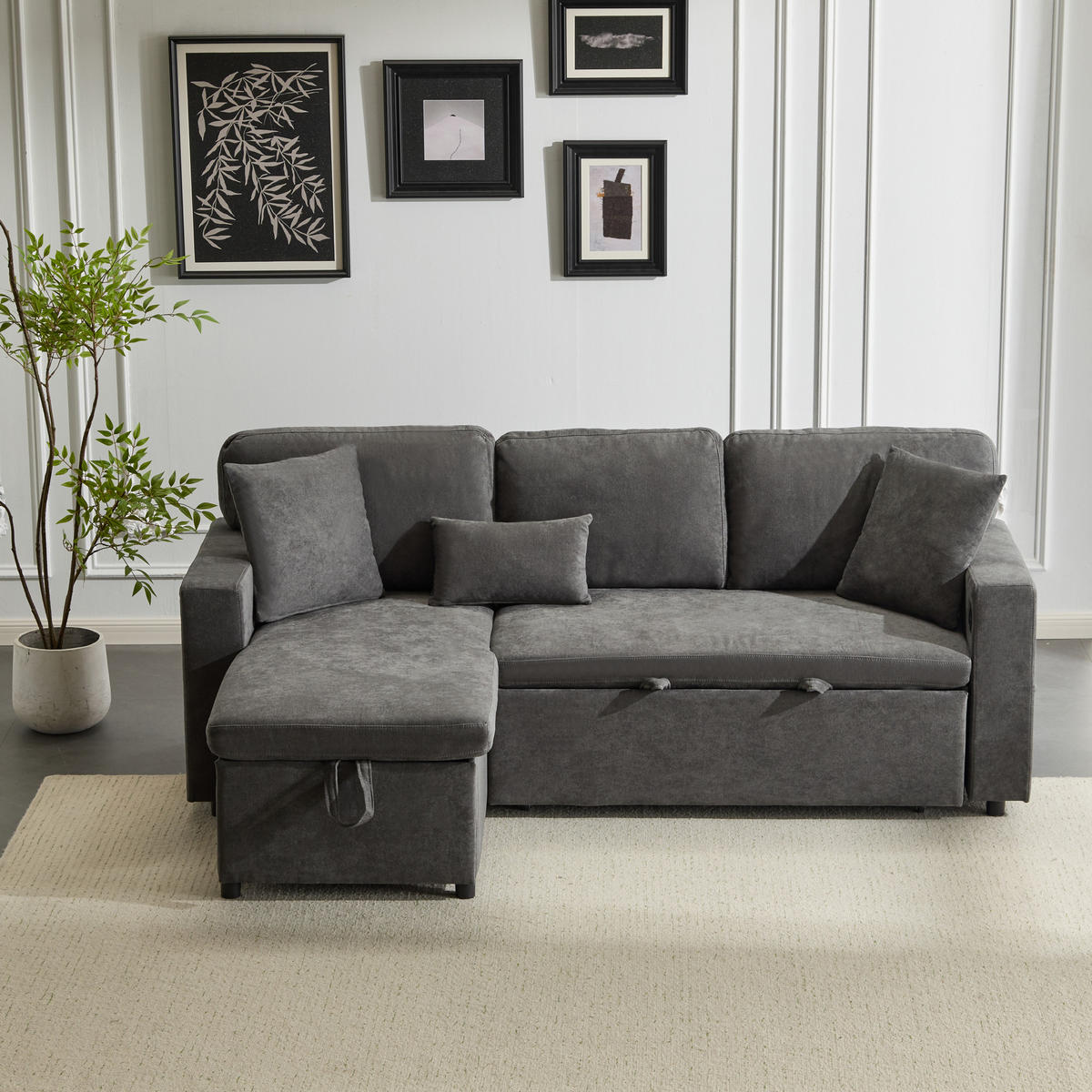 ECKSCHLAFSOFA 214/131/87 cm Dunkelgrau mit Bettkasten und integriertem Regal - Dunkelgrau, Textil (215/131cm) - Oxeza
