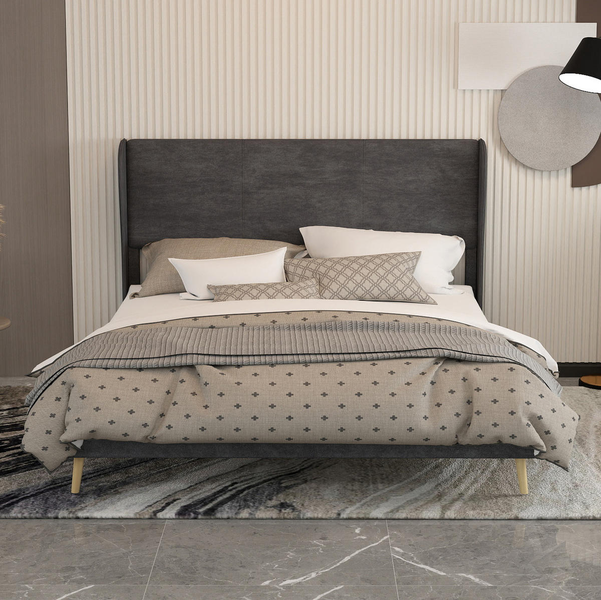 POLSTERBETT 160/200 cm grau aus Stoff und Metall mit gepolstertem Kopfteil - Grau, Textil (160/200cm) - OKWISH