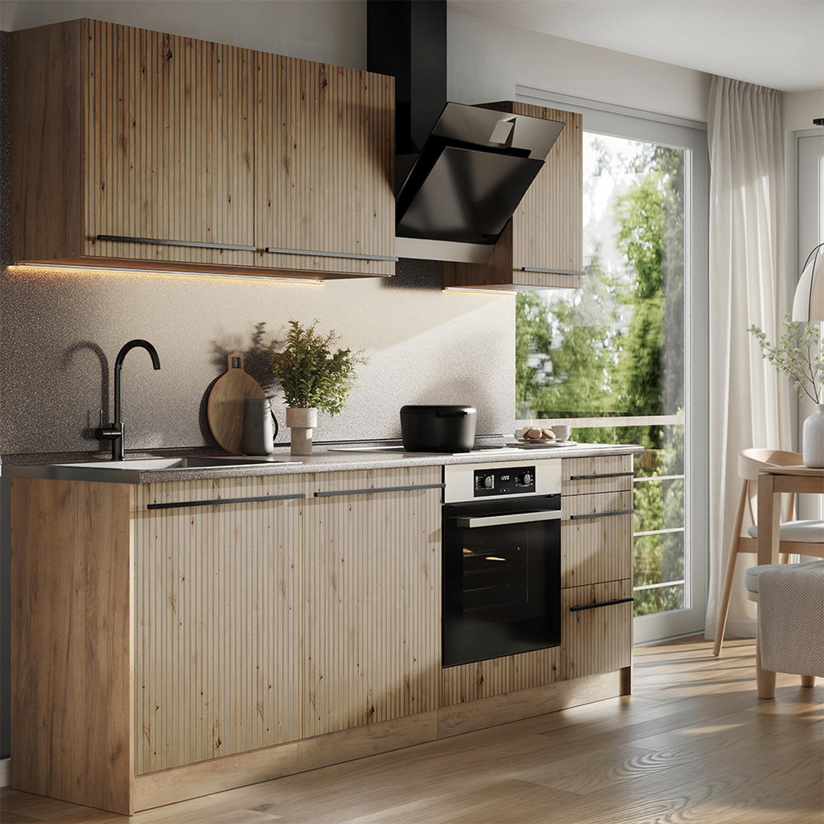 KÜCHENZEILE R-Line, Artisan-Eiche/Goldkraft Eiche, 220 cm ohne Arbeitsplatte - Honigeiche/Eiche Artisan, Holzwerkstoff (220/81.6/46cm) - Vicco