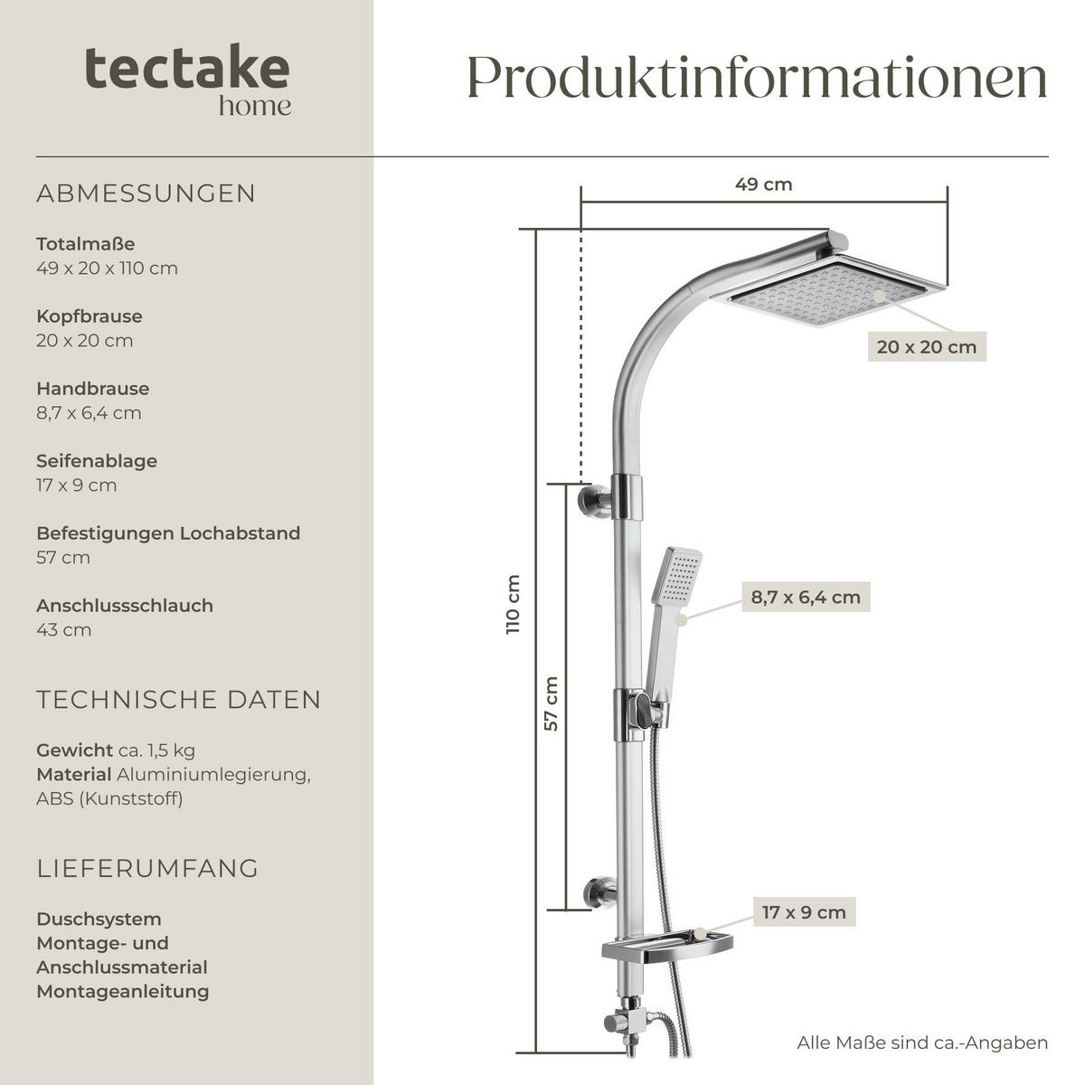 REGENDUSCHSYSTEM , Antikalktechnik, grau - Grau, Metall (20/110/49cm) - tectake