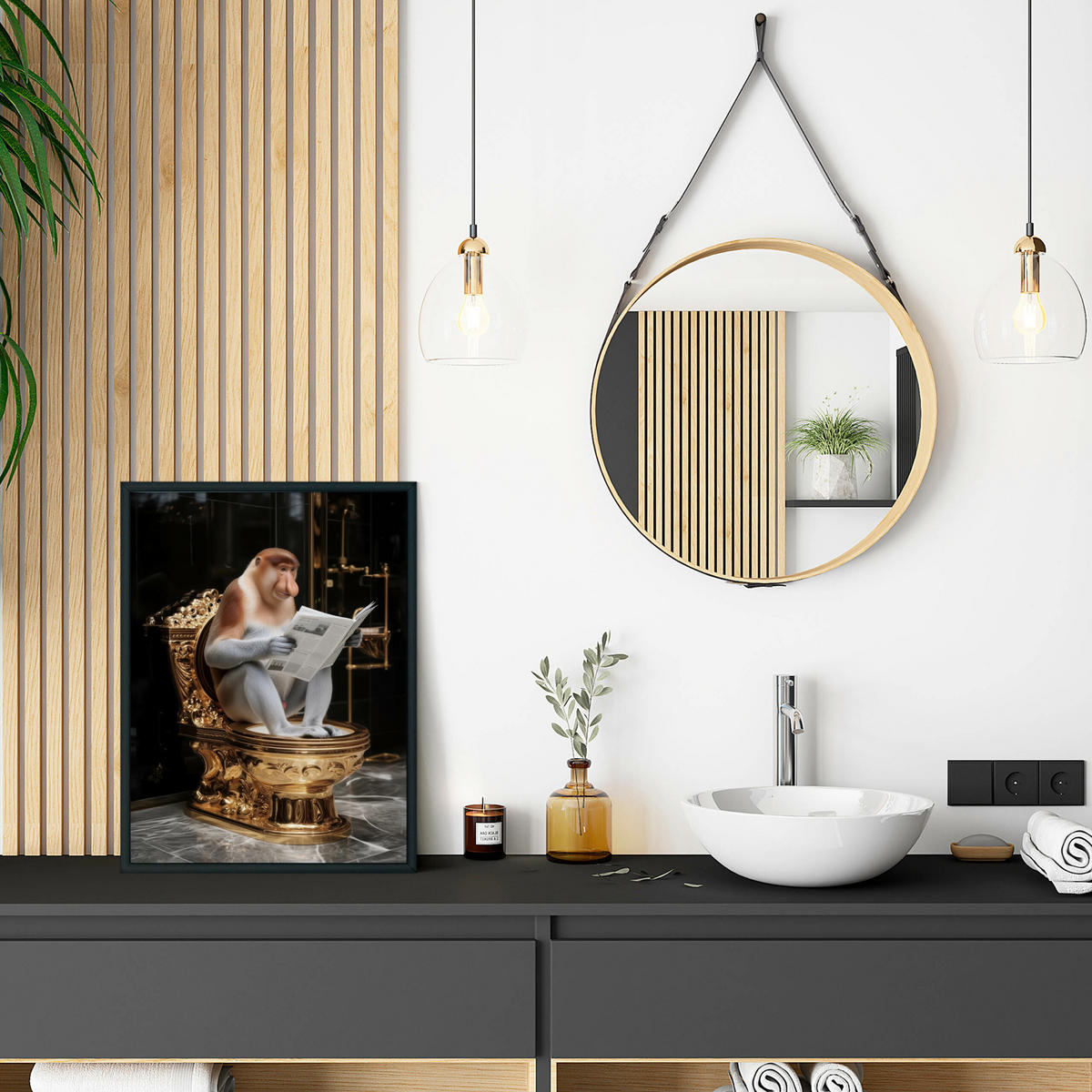 POSTER für WC Badezimmer NASENAFFE mit einer Zeitung Goldene Toilette Abstraktion 20x30cm - Gelb/Schwarz, Papier (20/30/30cm) - Muralo