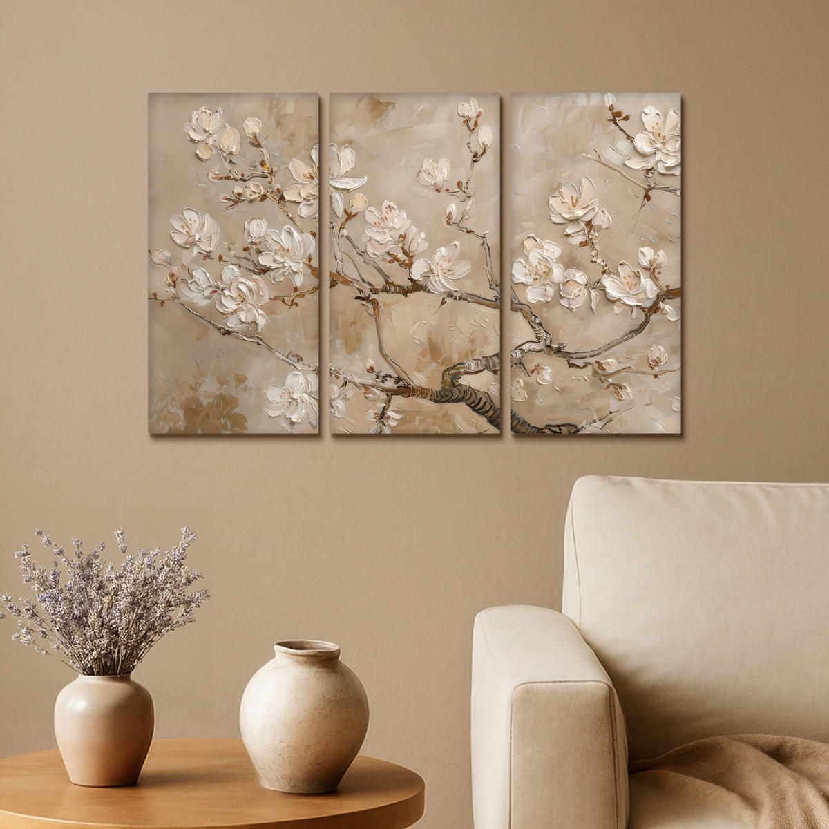 LEINWANDBILD 3er Set Beige - Blüte - Modern 60x40 cm - Greige, Textil (60/40cm) - MuchoWow