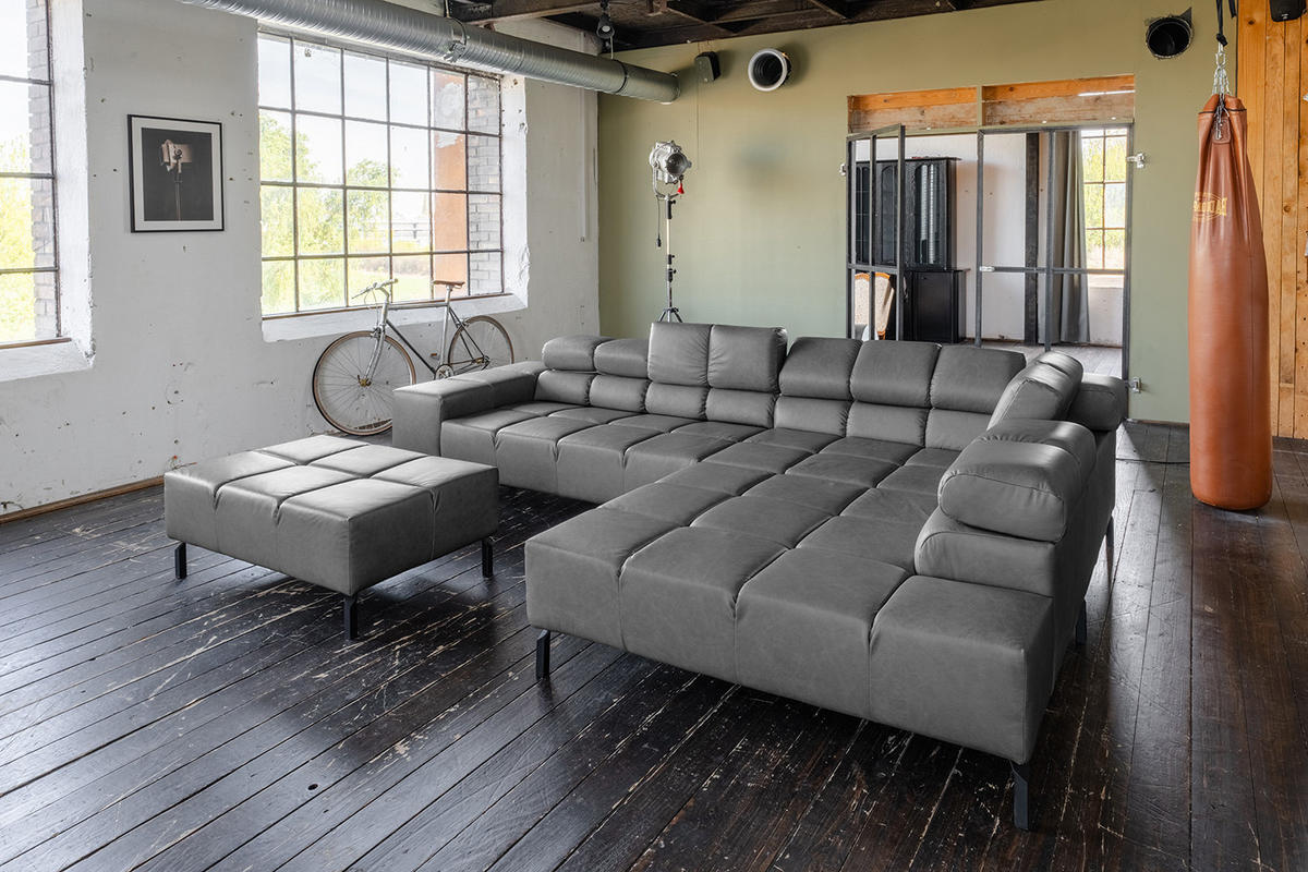 ECKSOFA NELSON Anthrazit Leder Relaxfunktion - Anthrazit/Schwarz, Leder/Metall (321/216cm) - KAWOLA