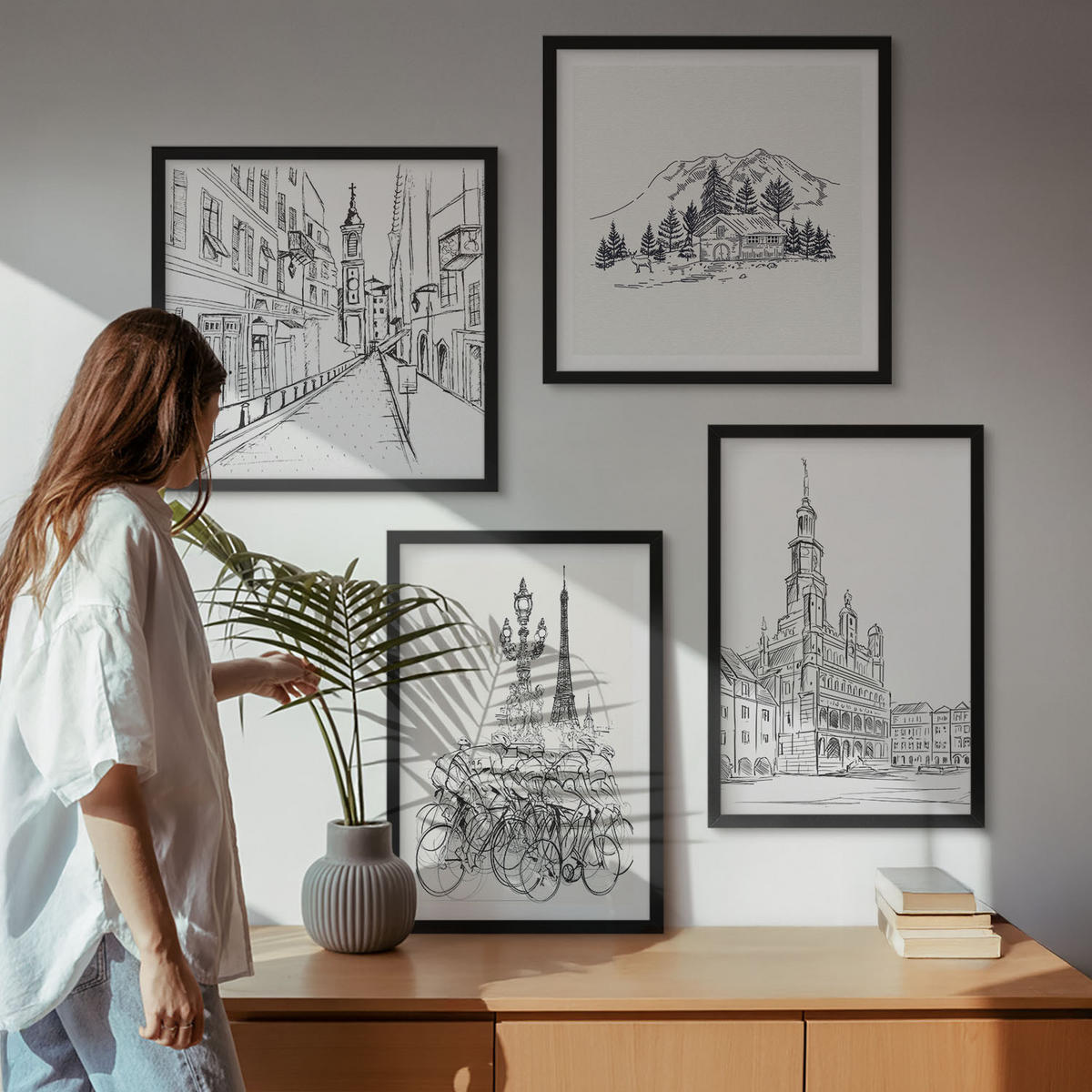 WANDBILDER 4er-Set - 50x50 cm & 40x60 cm Schwarzer Rahmen - Einfache Zeichnungen von Stadtansichten - Schwarz, Kunststoff (50/50cm) - ArtPrintCave