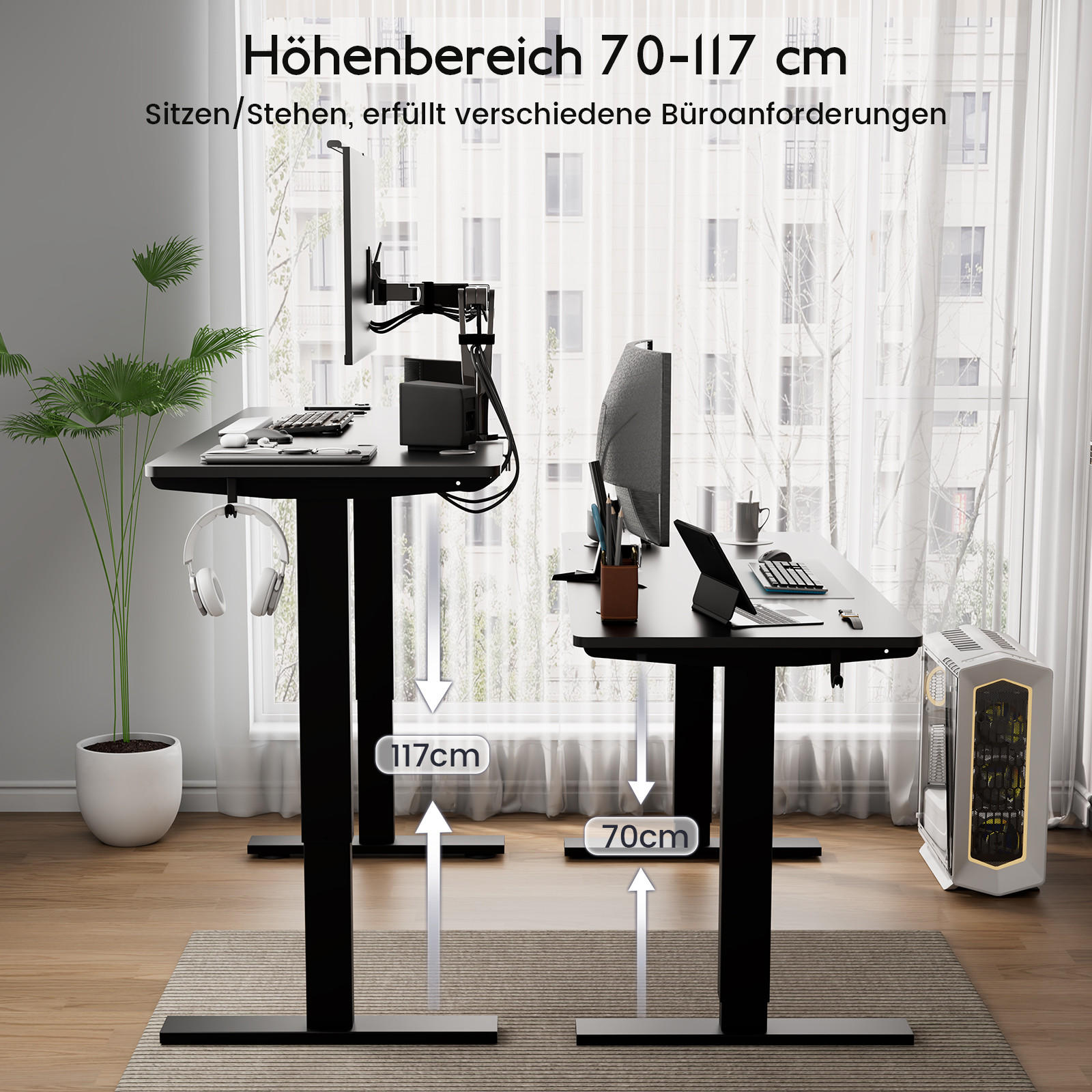 SCHREIBTISCH elektrisch höhenverstellbar 60 x 110 cm, mit Memory- und Kollisionsschutzfunktion - Schwarz, Metall (110/60/117cm) - HOMAVO