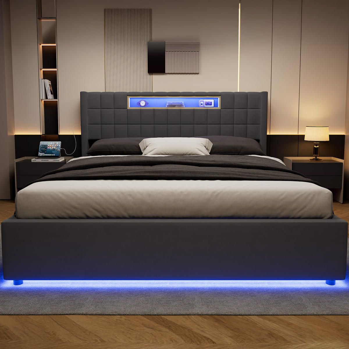 POLSTERBETT 160×200 mit Hydraulische Bettkasten und LED Beleuchtung in Grau, ohne Matratze - Grau, Holzwerkstoff/Textil (160/200cm) - STILVORA