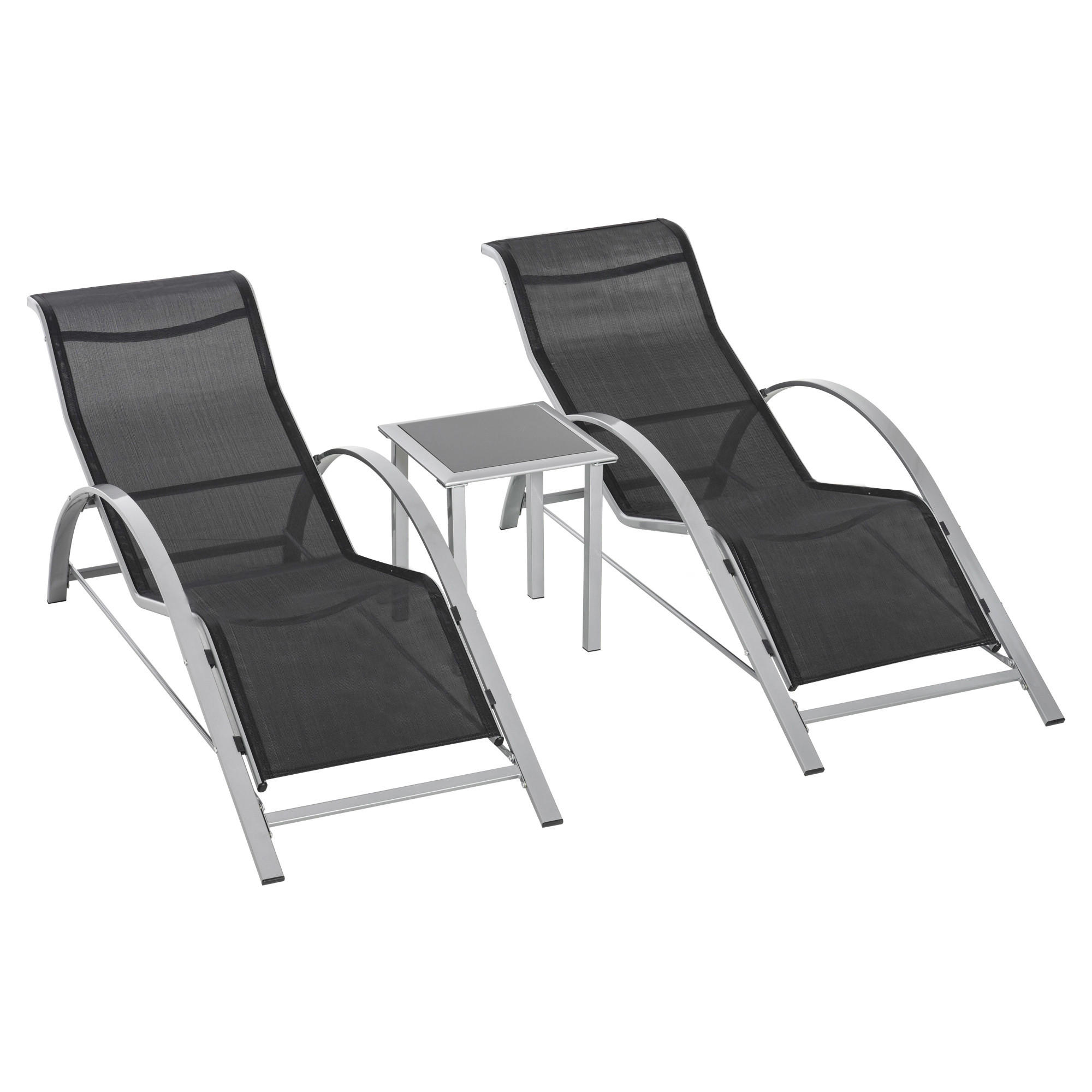 GARTENLIEGEN-SET 169/59/66 cm schwarz aus Metall 3-teilig mit Tisch - Schwarz, Metall - OKWISH