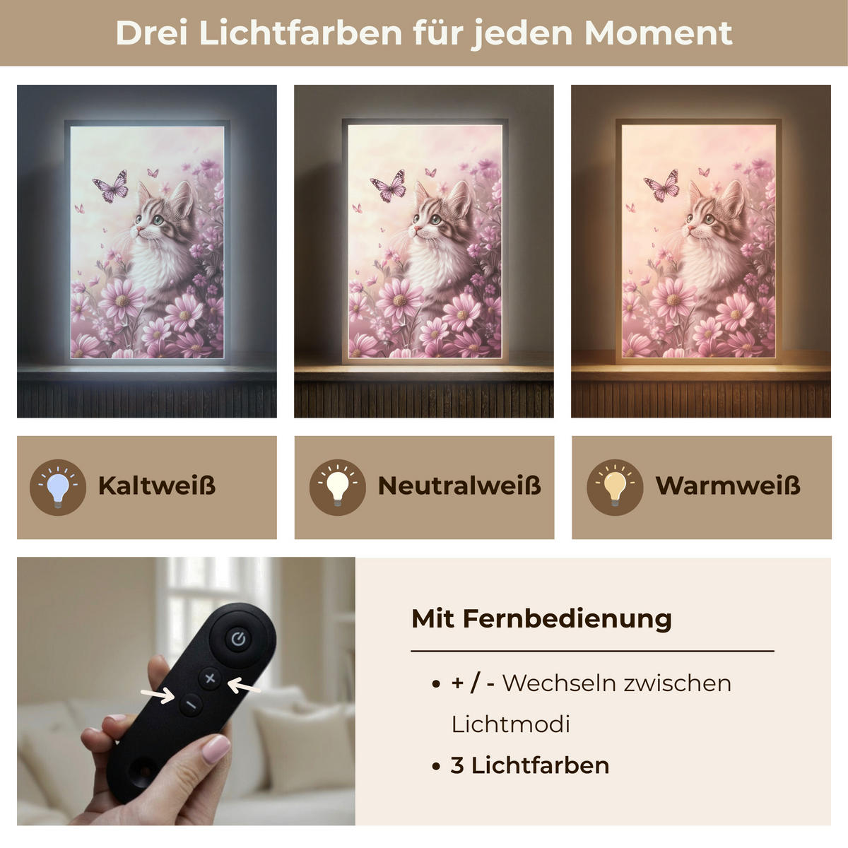 NACHTTISCHLAMPE MIT AKKU Kätzchen - Blumen - Schmetterlinge - Lila 40x60 cm - Altrosa, Holzwerkstoff (8/40/60cm) - OnlyWow