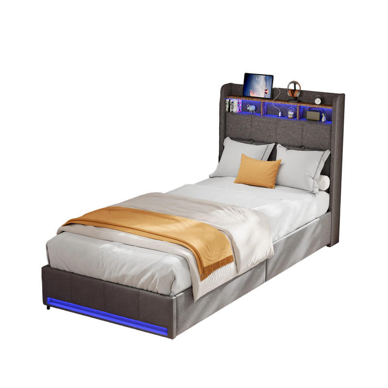 POLSTERBETT 90/200 cm grau Leinen LED USB Schubladen - Grau, Holz - SHOPENTRA