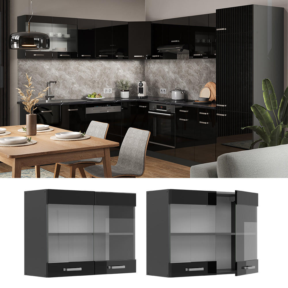 KÜCHENGLASSCHRANK R-Line Schwarz Hochglanz 80 cm - Schwarz Hochglanz/Anthrazit, Holzwerkstoff (80/60/31cm) - Vicco