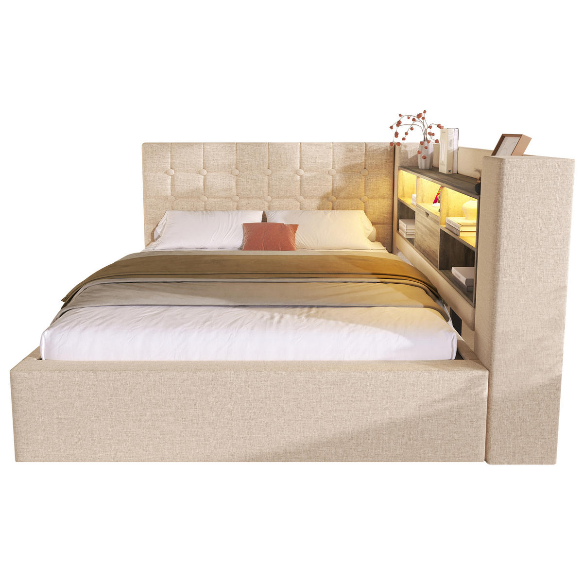 POLSTERBETT 140/200 cm in Beige Leinen mit Bettkasten mit Stauraum, LED und Matratze - Beige, Holzwerkstoff/Textil (140/200cm) - CHICFURN
