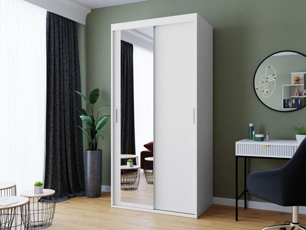SCHWEBETÜRENSCHRANK Rejat 100 - Silberfarben/Weiß, Holzwerkstoff/Kunststoff (100/205/60cm) - MIRJAN24