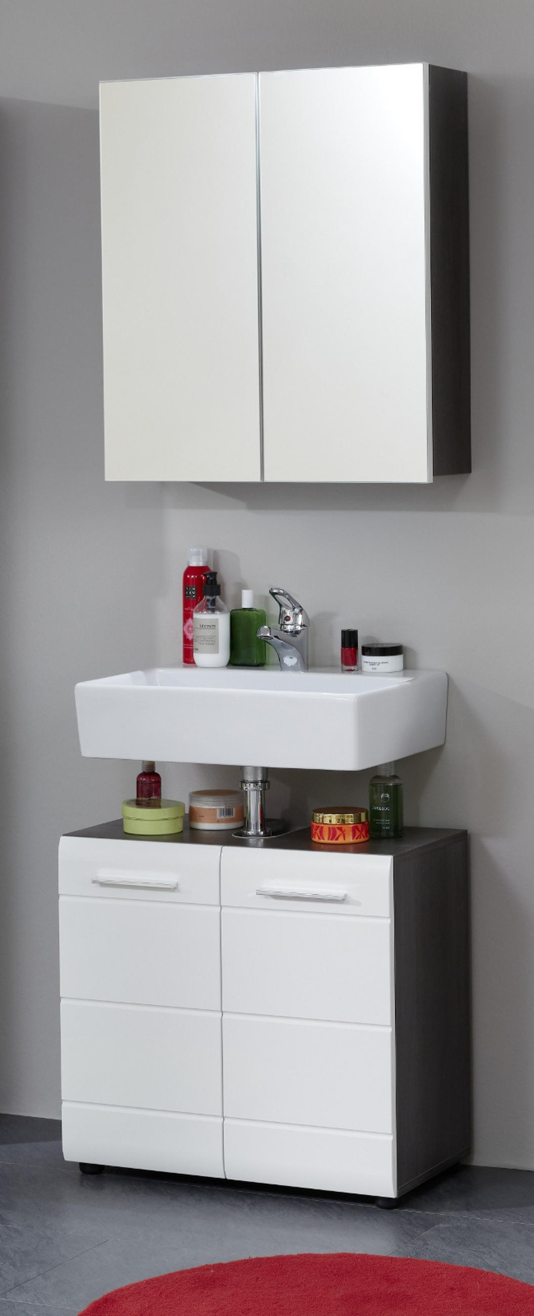 BADMÖBEL-SET weiß Hochglanz, grau Rauchsilber 2-teilig 60 cm, Badkombination in modernem Design - Weiß Hochglanz/Silberfarben, Glas/Holzwerkstoff (60/182/31cm) - Top.Furn