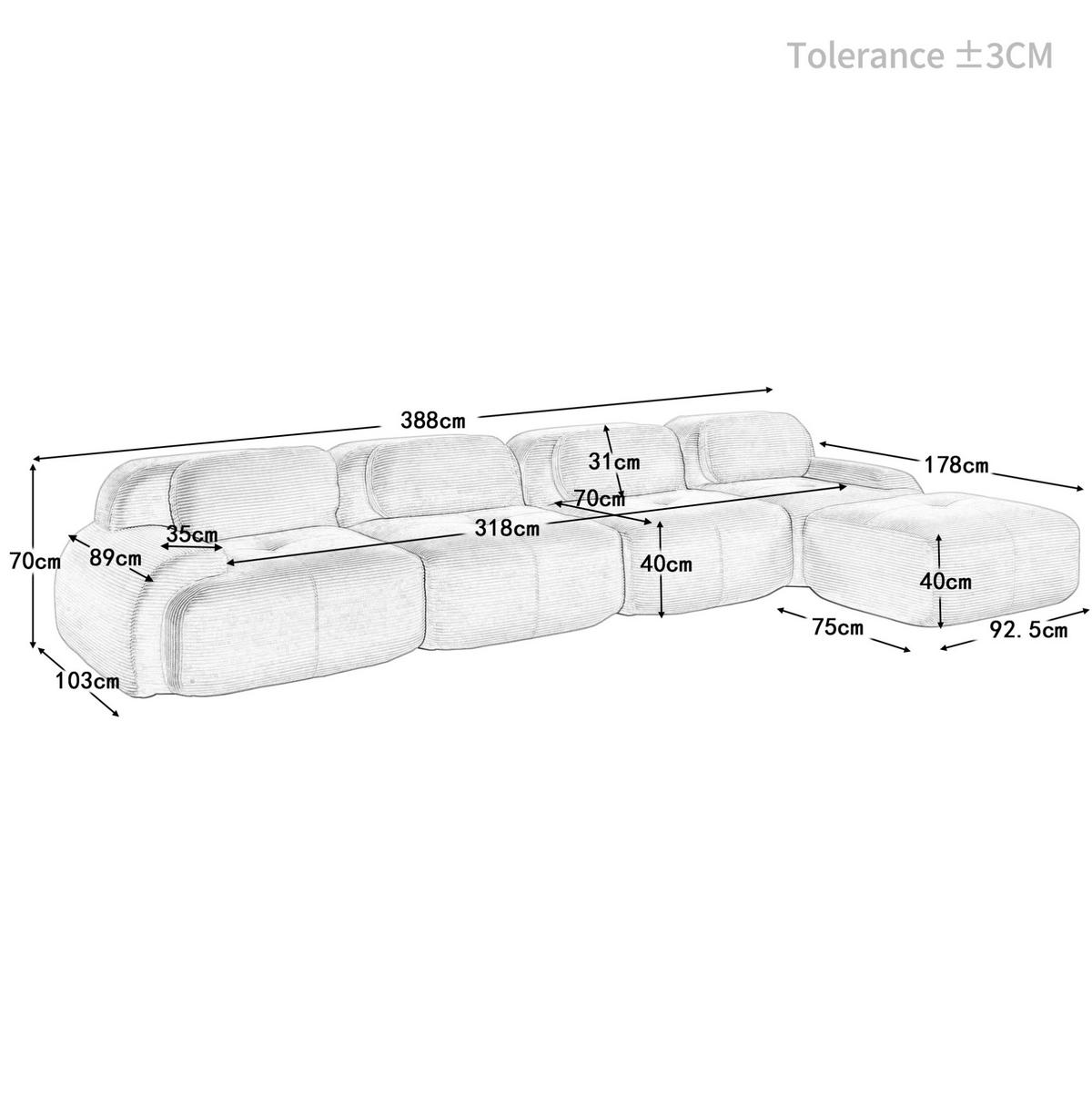 ECKSOFA 388/178/75 cm beige aus Cordstoff modular und rahmenlos mit Chaiselongue - Beige, Textil (178/388cm) - OKWISH