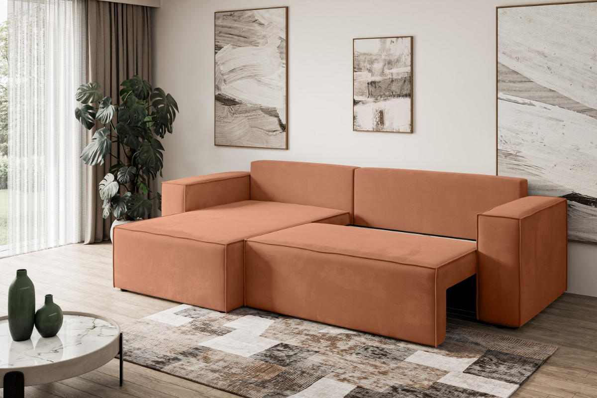ECKSOFA mit Schlaffunktion und Bettkasten CELTIC-XL - 277x143x83 cm Koralle Velours - Koralle/Schwarz, Holzwerkstoff/Kunststoff (277/143cm) - ALTDECOR