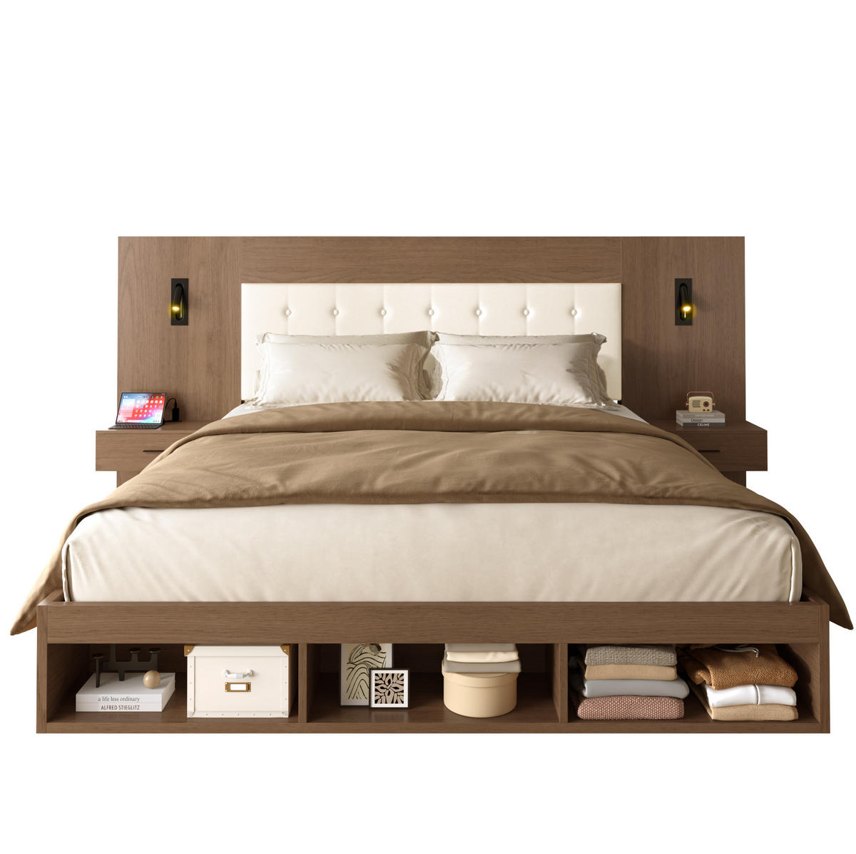 DOPPELBETT 180/200 cm aus MDF mit USB- und Type-C-Anschluss, Leselampen, 2 Nachttischen und Stauraum, Walnuss - Nussbaumfarben, Holzwerkstoff (180/200cm) - Redom