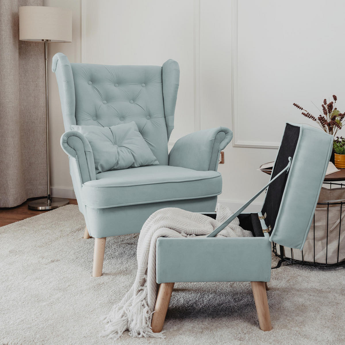 SESSEL CLASSIC mit Fußhocker und Buchenholzfüßen, Meeresblau - Blau, Holz/Textil (92/107/80cm) - Idohome