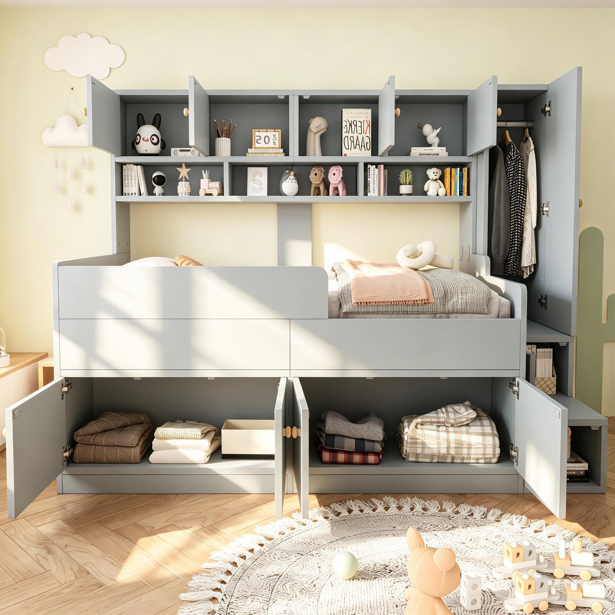 STAURAUMBETT 90/200 cm mit Schrank und LED, DE-01518, in Grau - Grau, Holzwerkstoff (90/200cm) - ComfortXL