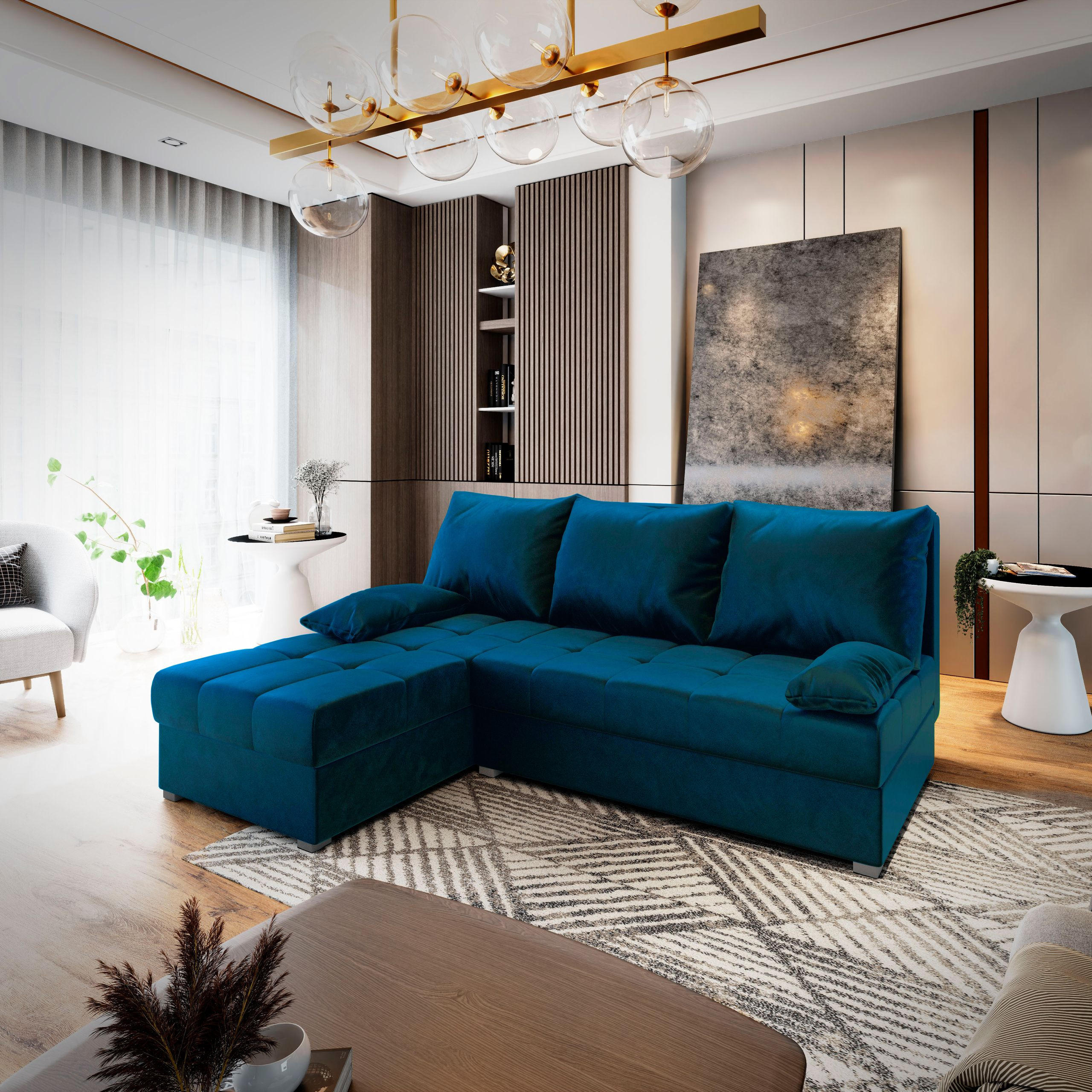 ECKSOFA RITA Blau Plüsch-Stoff mit Schlaffunktion - Blau, Holz (200/141cm) - MASSENO