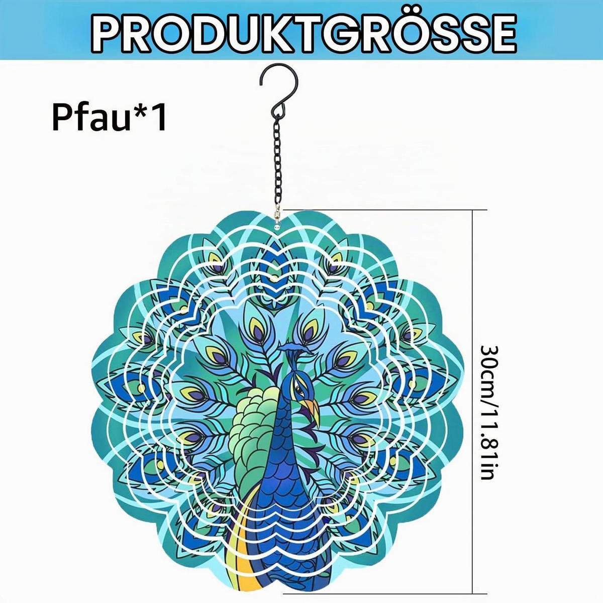 WINDSPIEL Pfau 30 cm Edelstahl 3D-Effekt - Multicolor, Metall (30/30/1cm)
