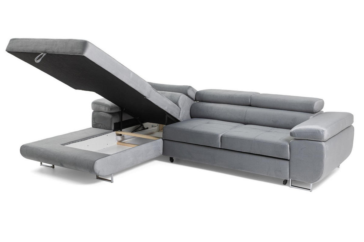 ECKSOFA ALONZO L Links mit Schlaffunktion 125x195 Velours Hellgrau - Silberfarben/Hellgrau, Holz/Textil (275/203cm) - Muffo