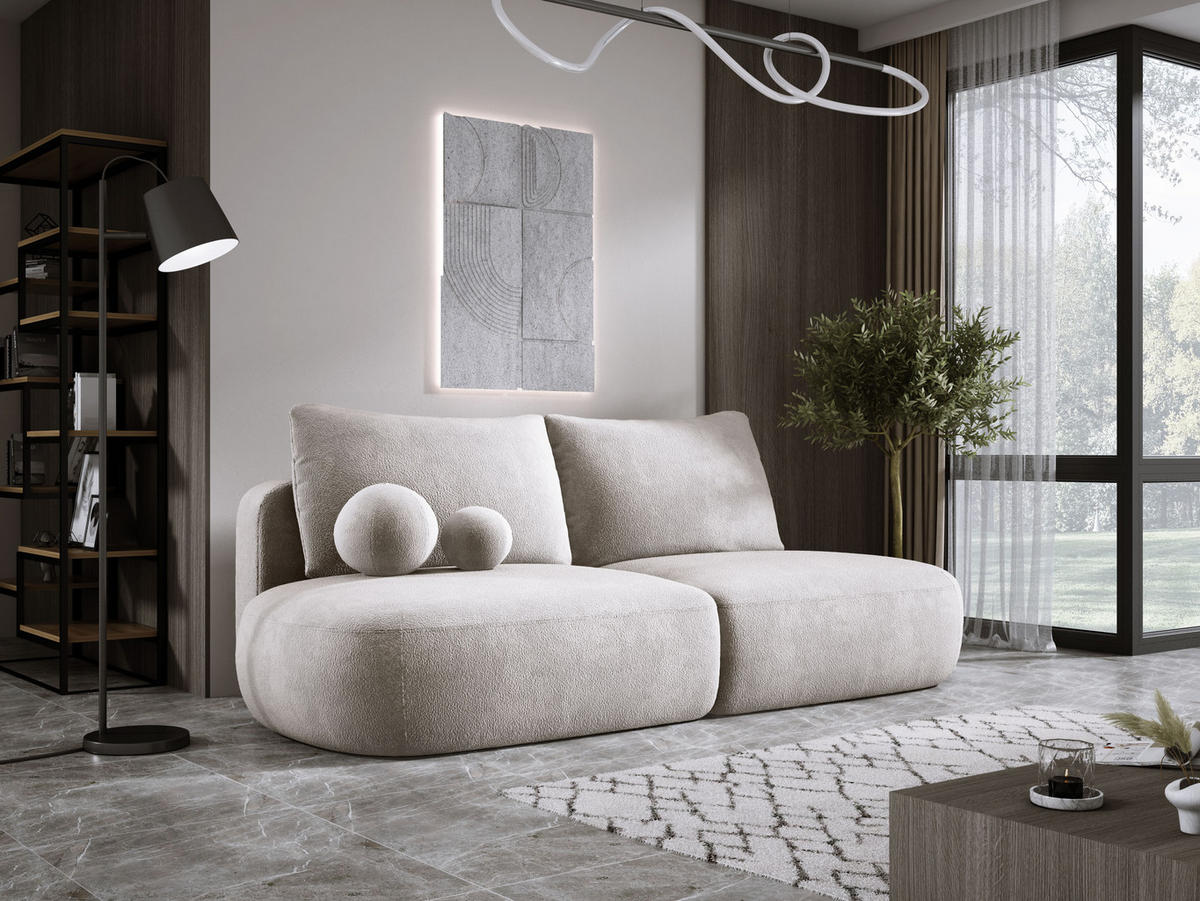 SCHLAFSOFA Moderne BABU mit Schlaffunktion – 3-Sitzer Sofa mit Bettkasten, DL-Automat, 2 Rückenkissen, 2 Zierkissen, 240x90x90 cm, Hellgrau - Greige, Holz/Textil (240/90/90cm) - DomoHome