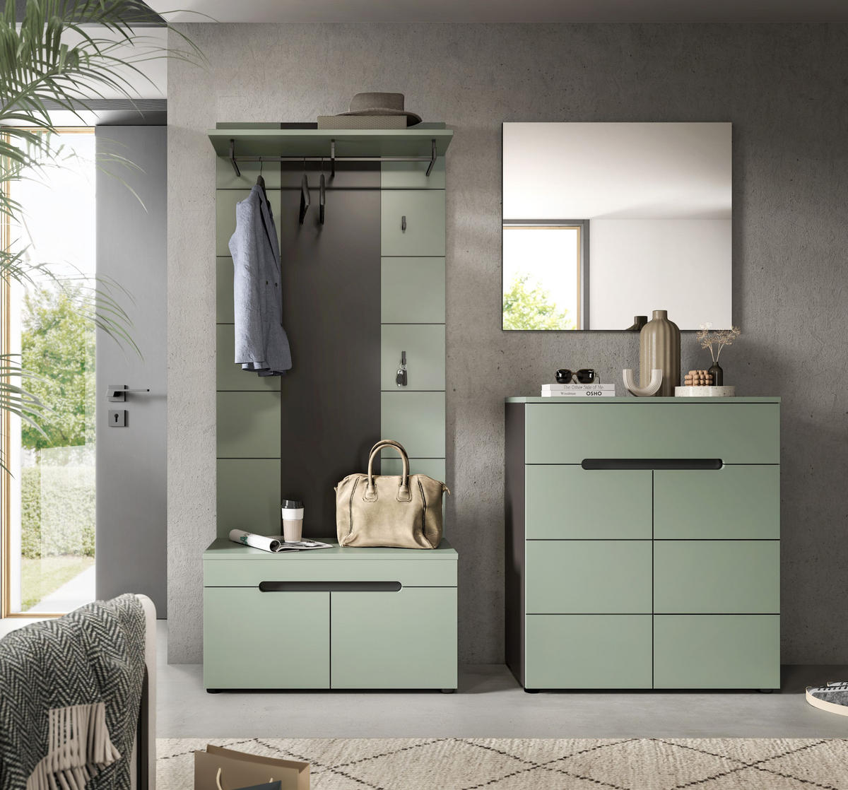 GARDEROBE Nova (B/H/T: ca. 175/190/37 cm) 4 tlg. in Basalt grau/Smoke Green - Grau, Holzwerkstoff (175/190/37cm)